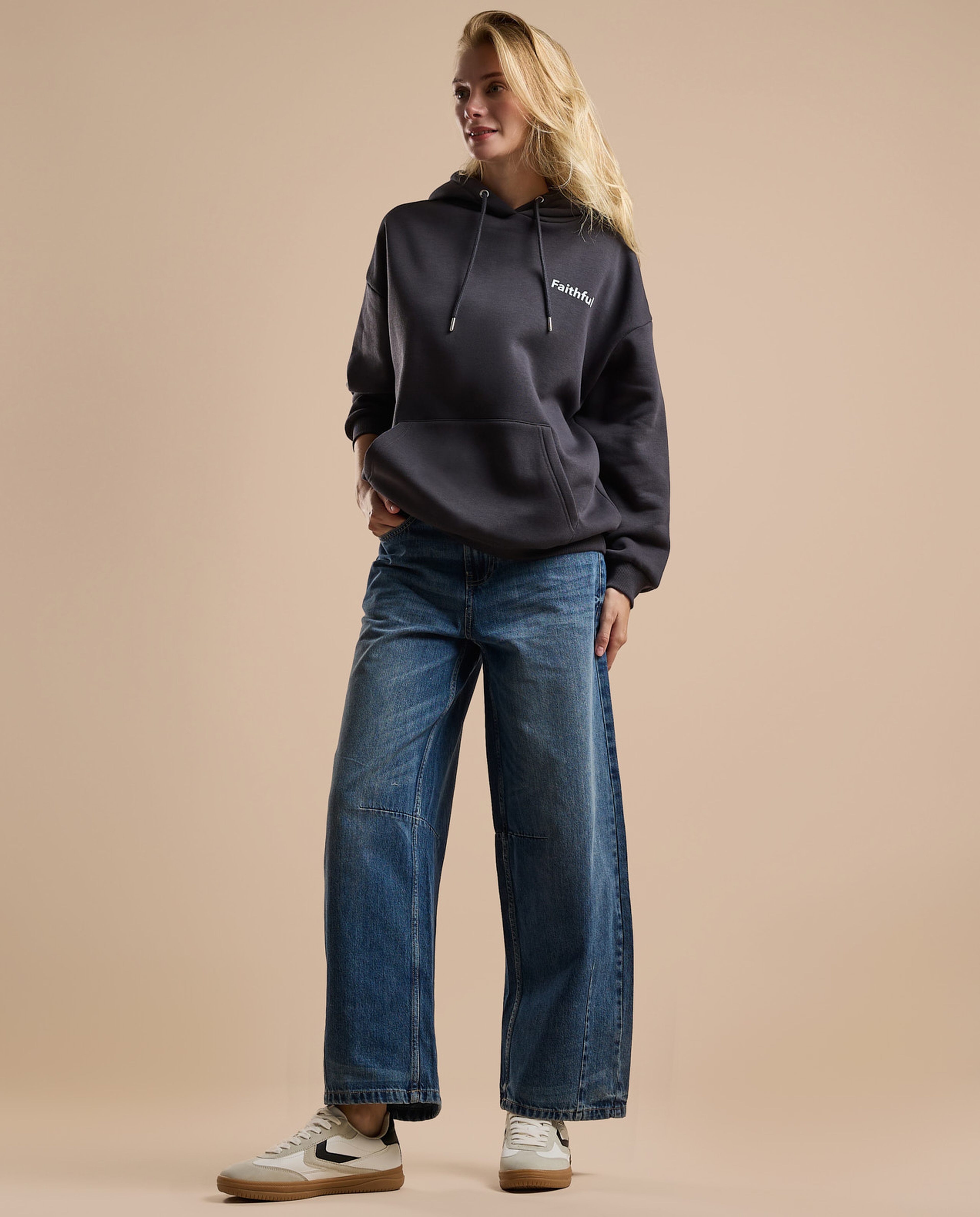 Faded Baggy Jeans with Button Closure