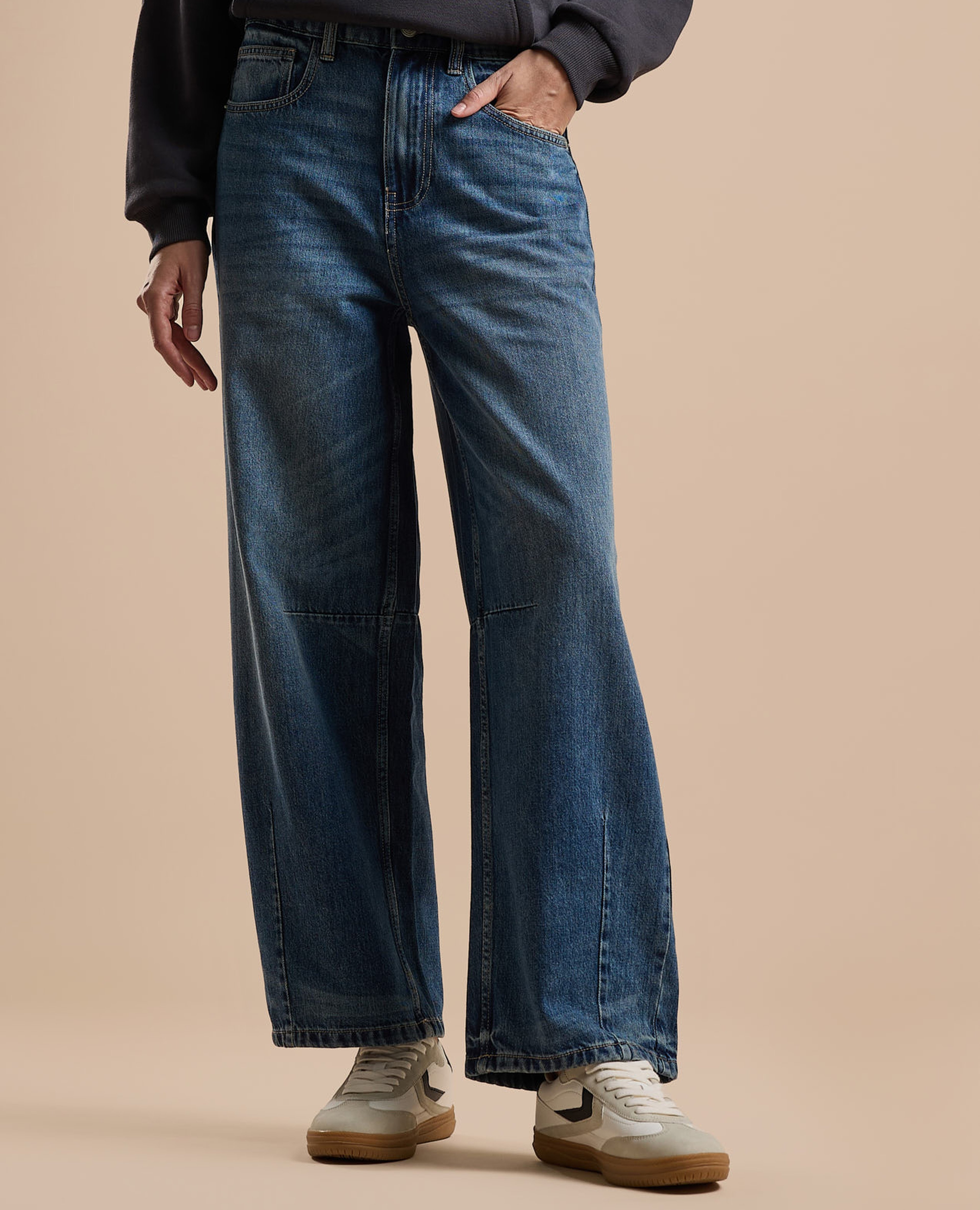 Faded Baggy Jeans with Button Closure