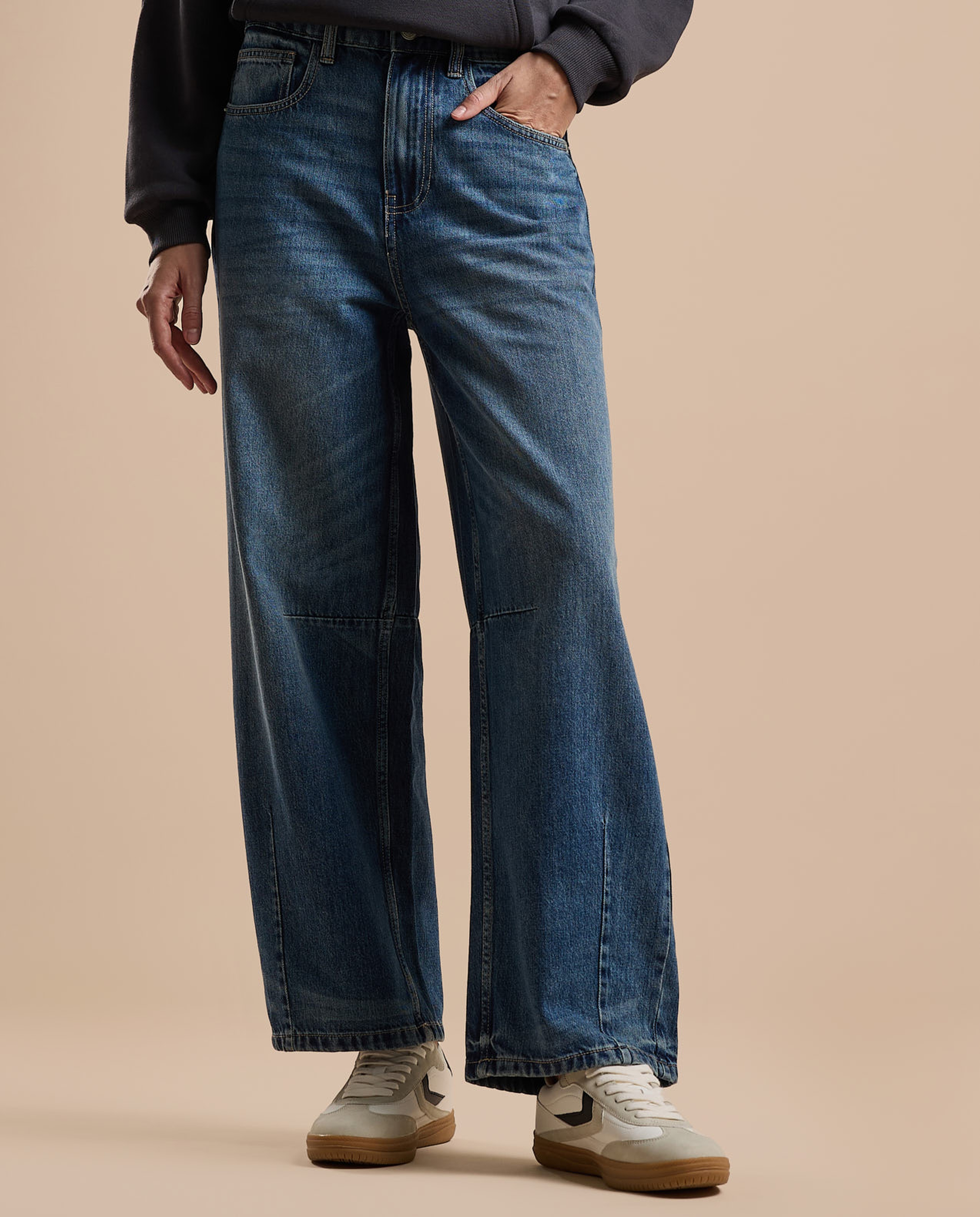 Faded Baggy Jeans with Button Closure