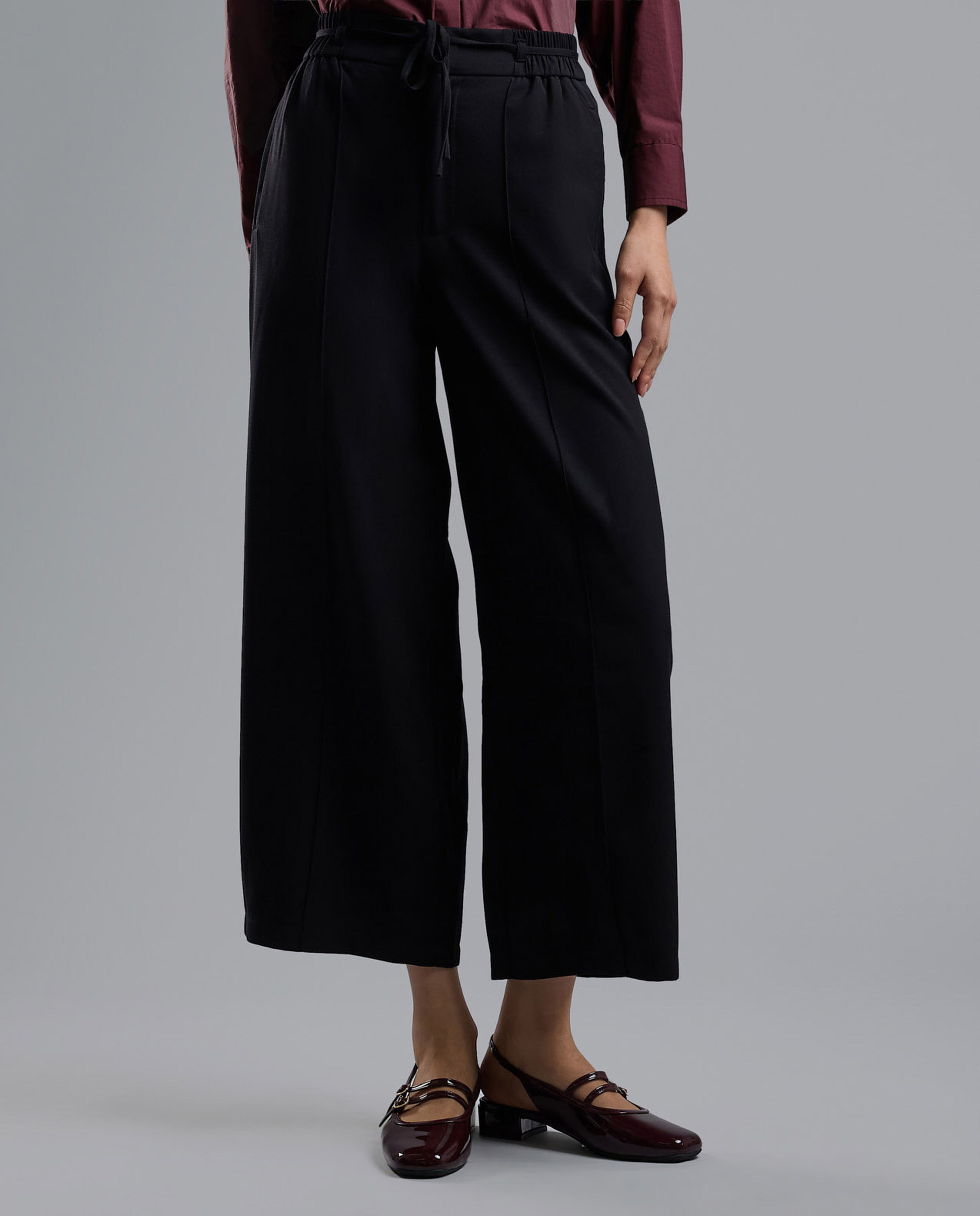 Solid Wide Leg Pants with Drawstring Waist
