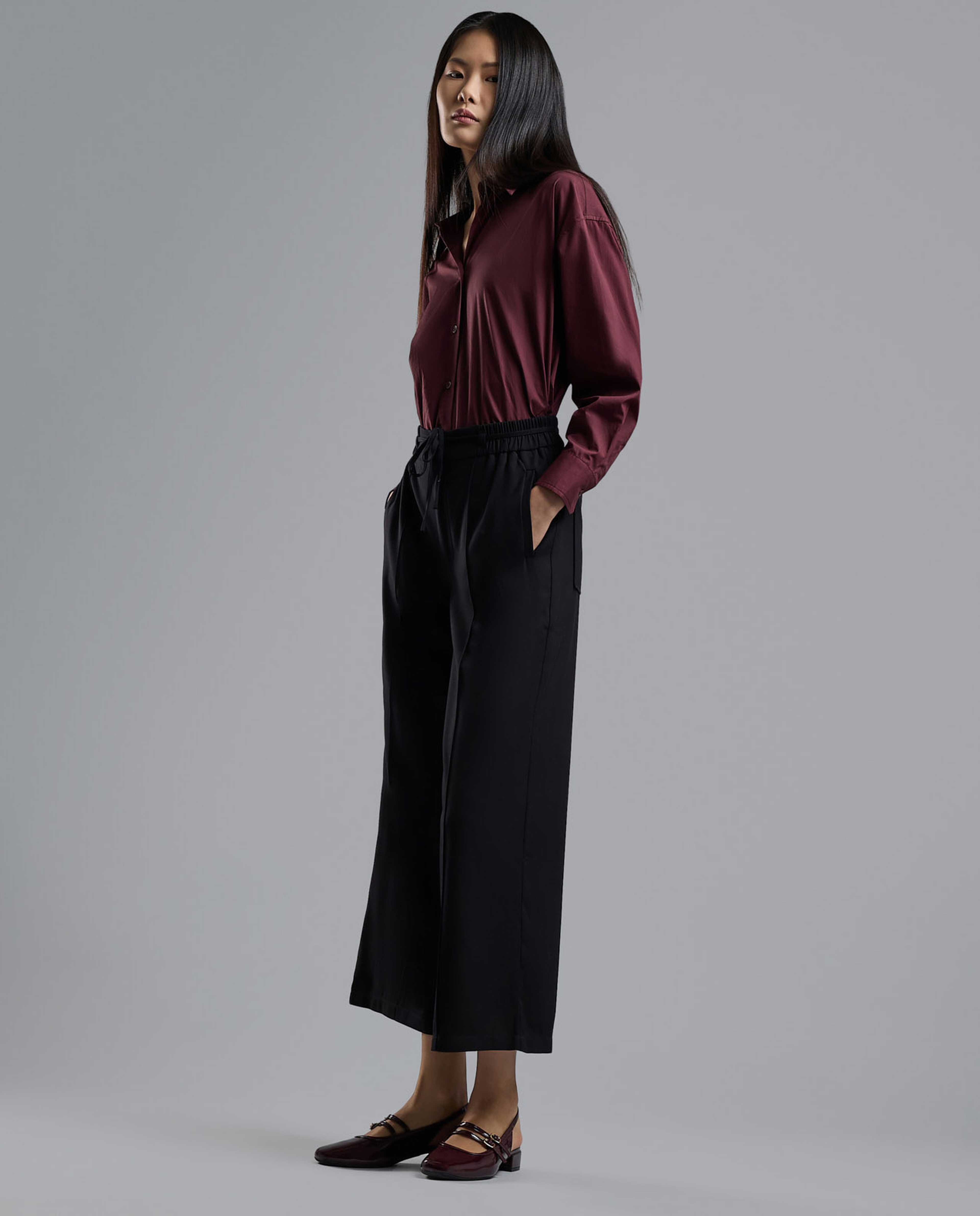 Solid Wide Leg Pants with Drawstring Waist