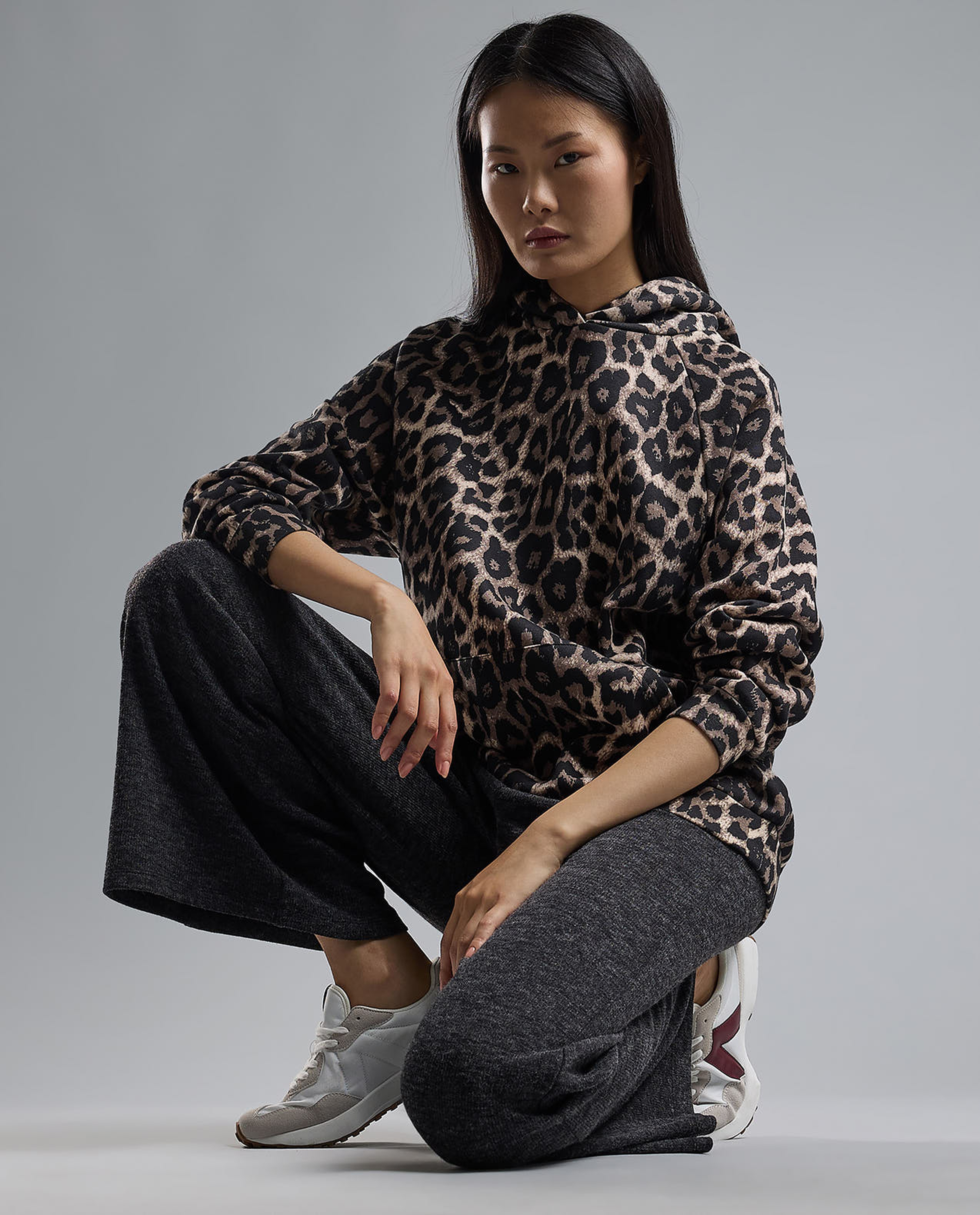 Animal Patterned Hoodie with Long Sleeves