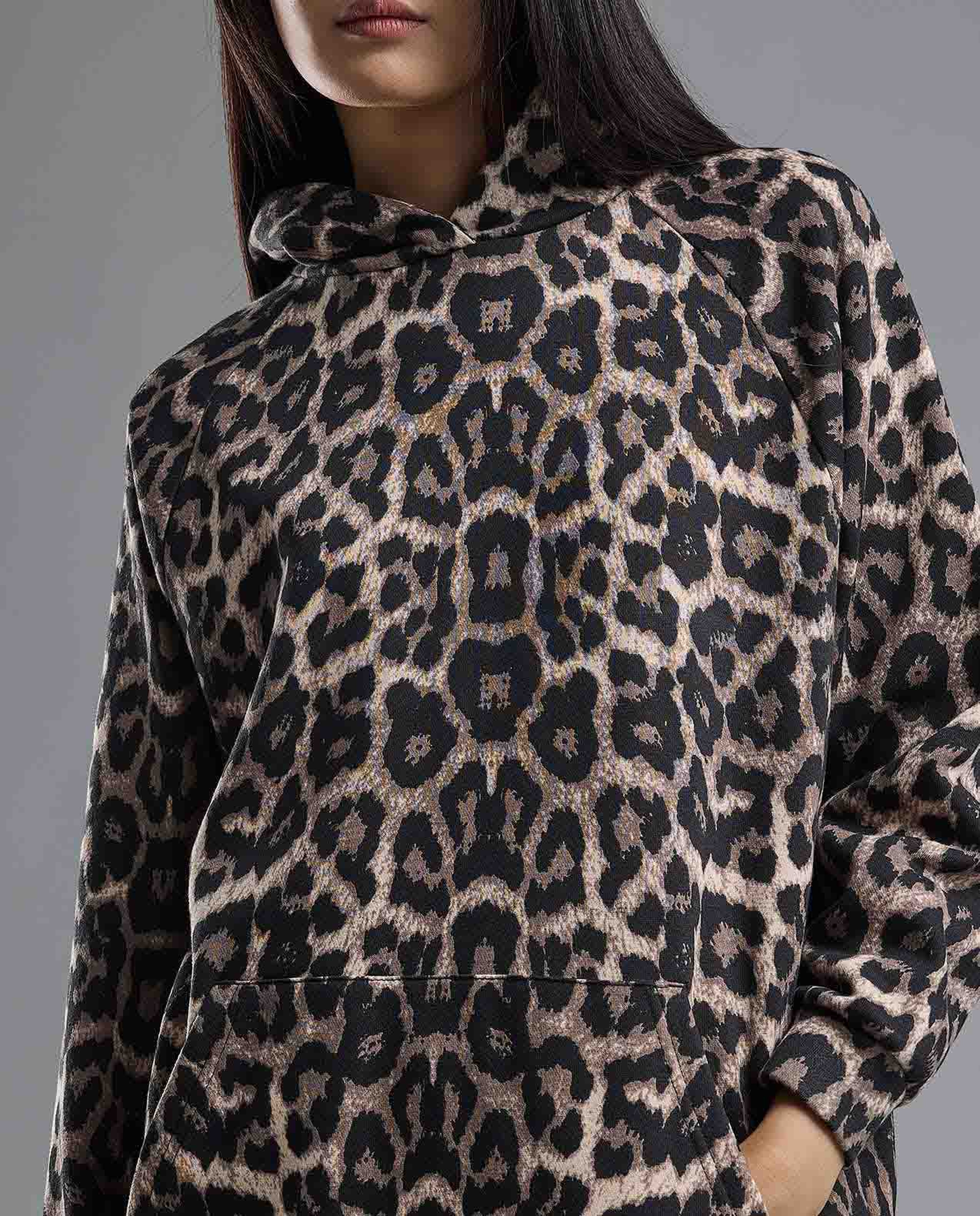 Animal Patterned Hoodie with Long Sleeves