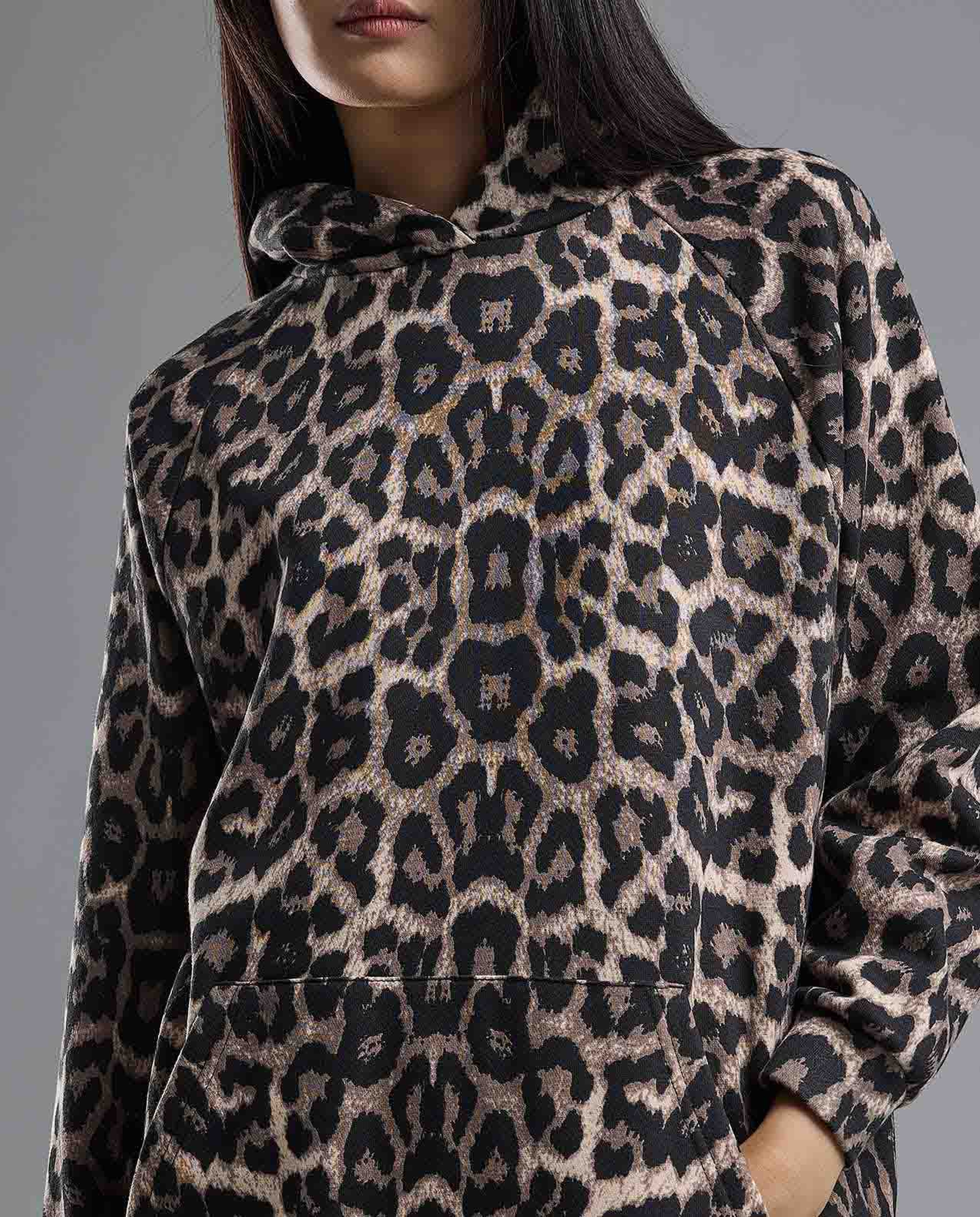 Animal Patterned Hoodie with Long Sleeves