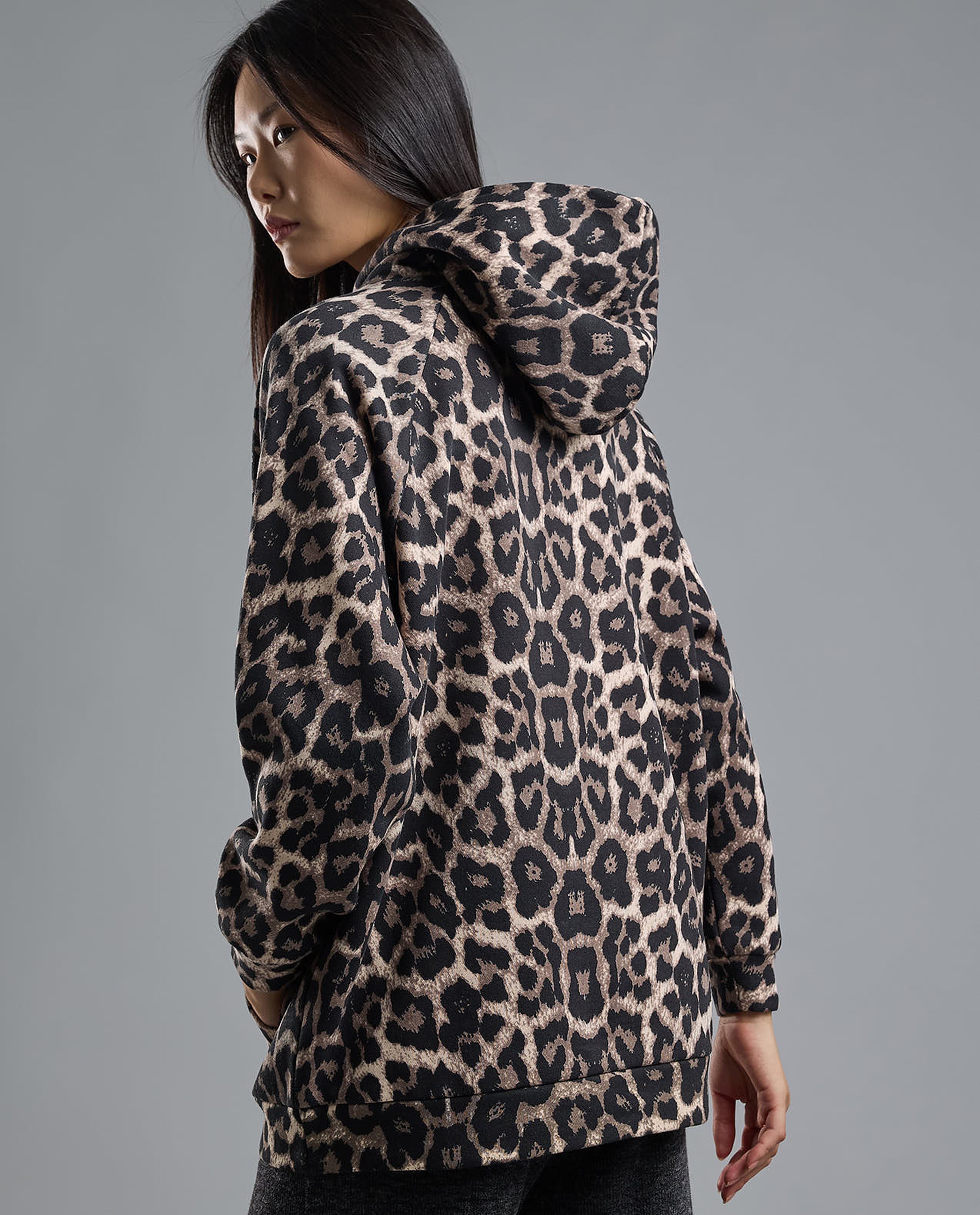 Animal Patterned Hoodie with Long Sleeves