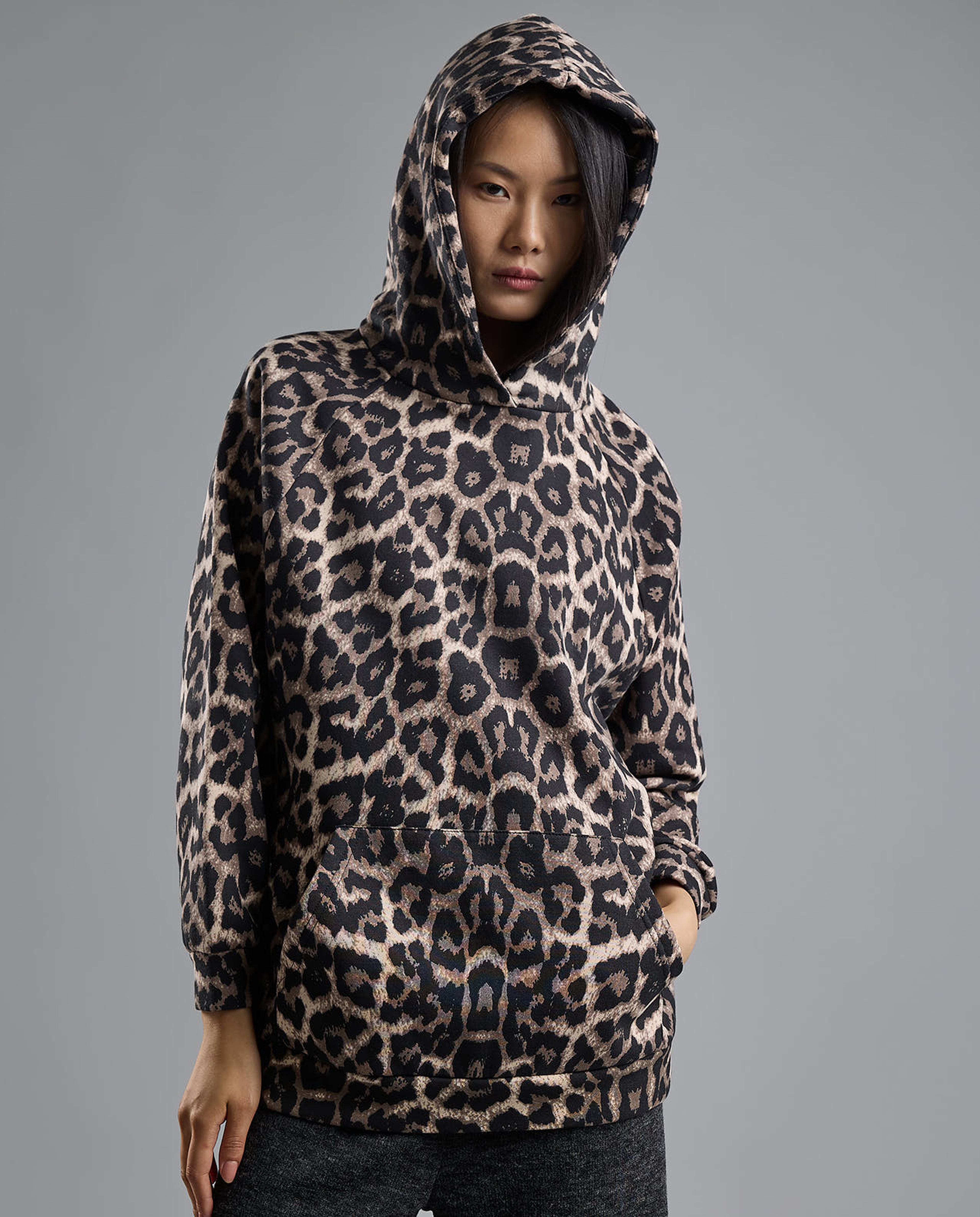 Animal Patterned Hoodie with Long Sleeves