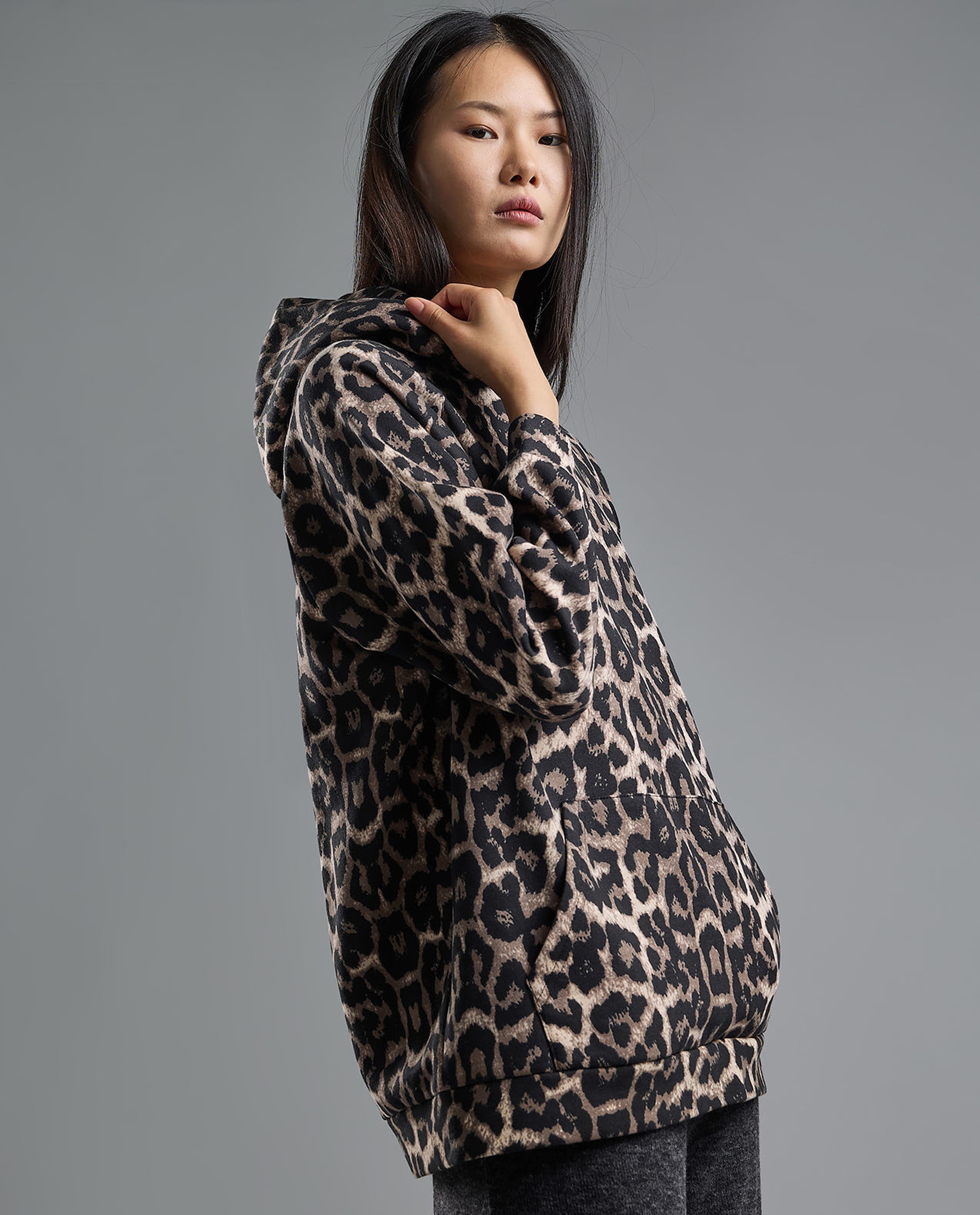 Animal Patterned Hoodie with Long Sleeves