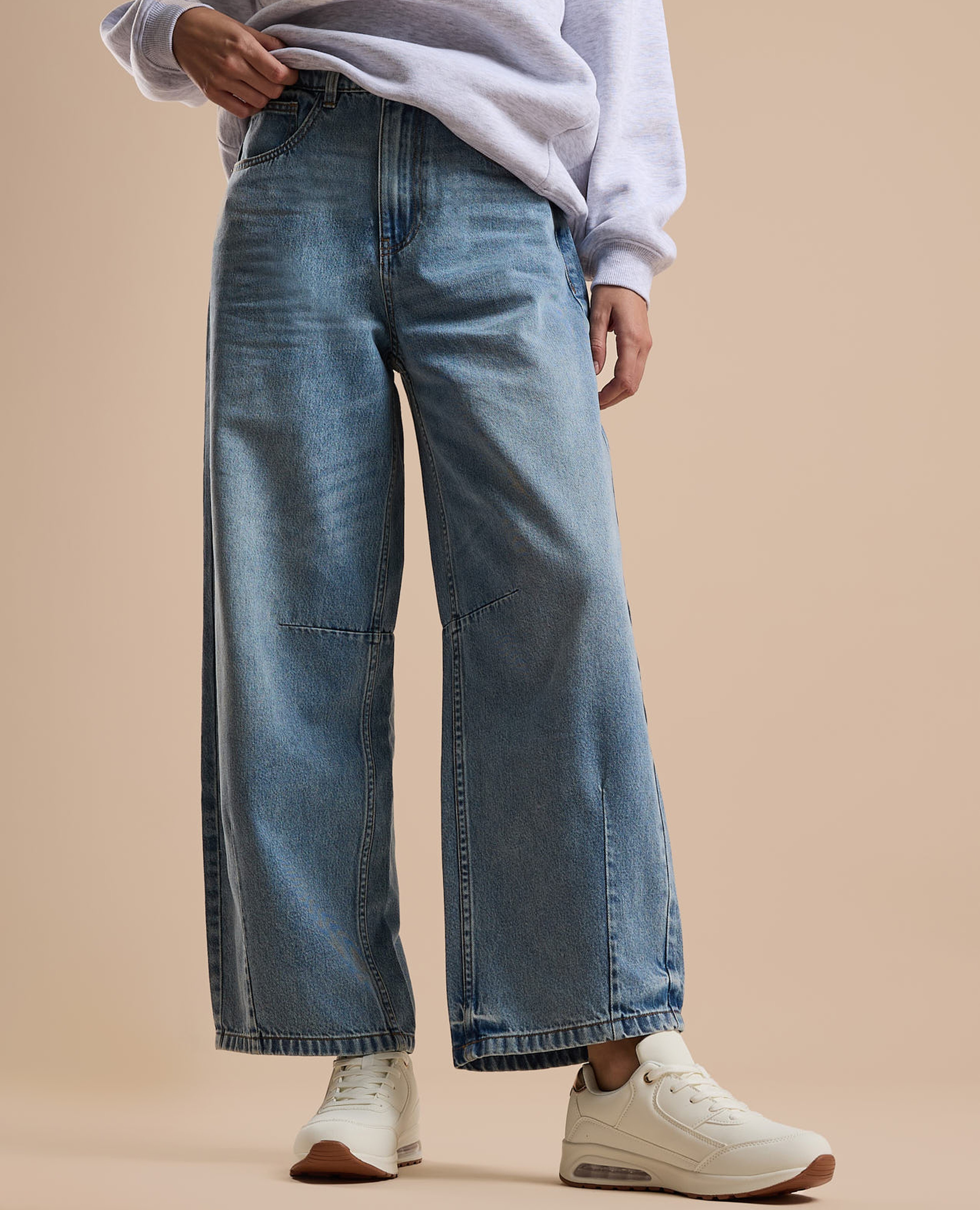 Faded Baggy Jeans with Button Closure