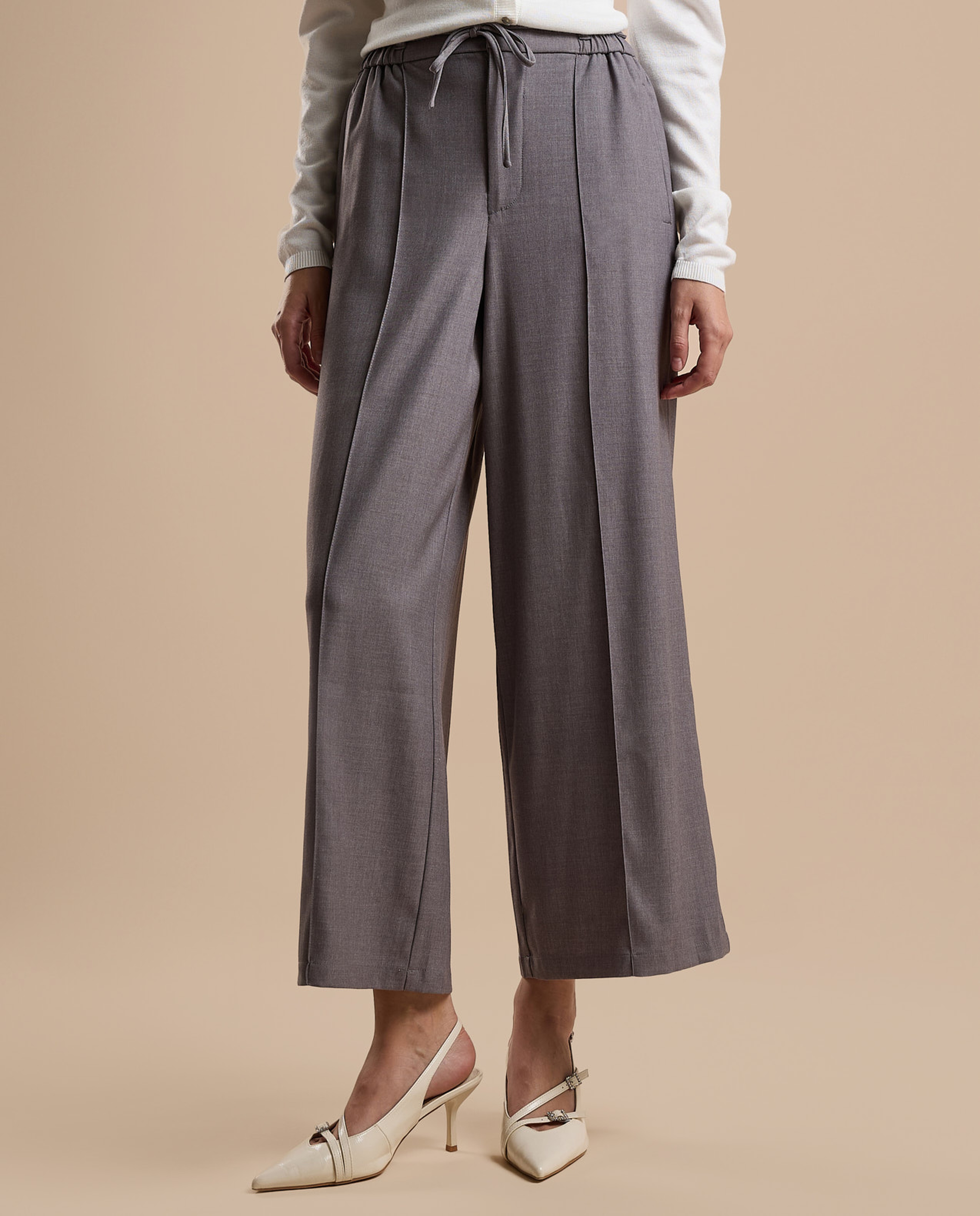 Solid Wide Leg Pants with Drawstring Waist