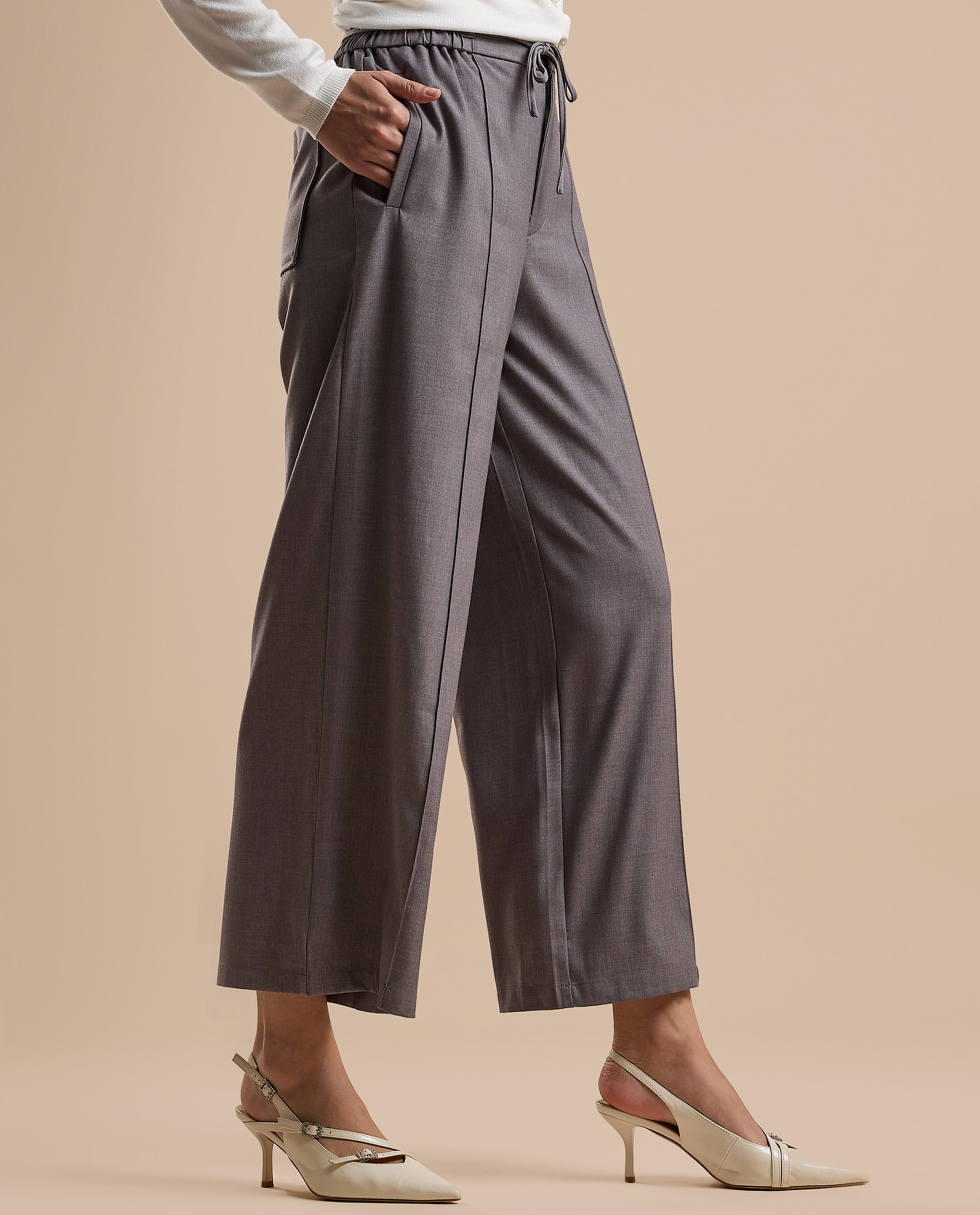 Solid Wide Leg Pants with Drawstring Waist