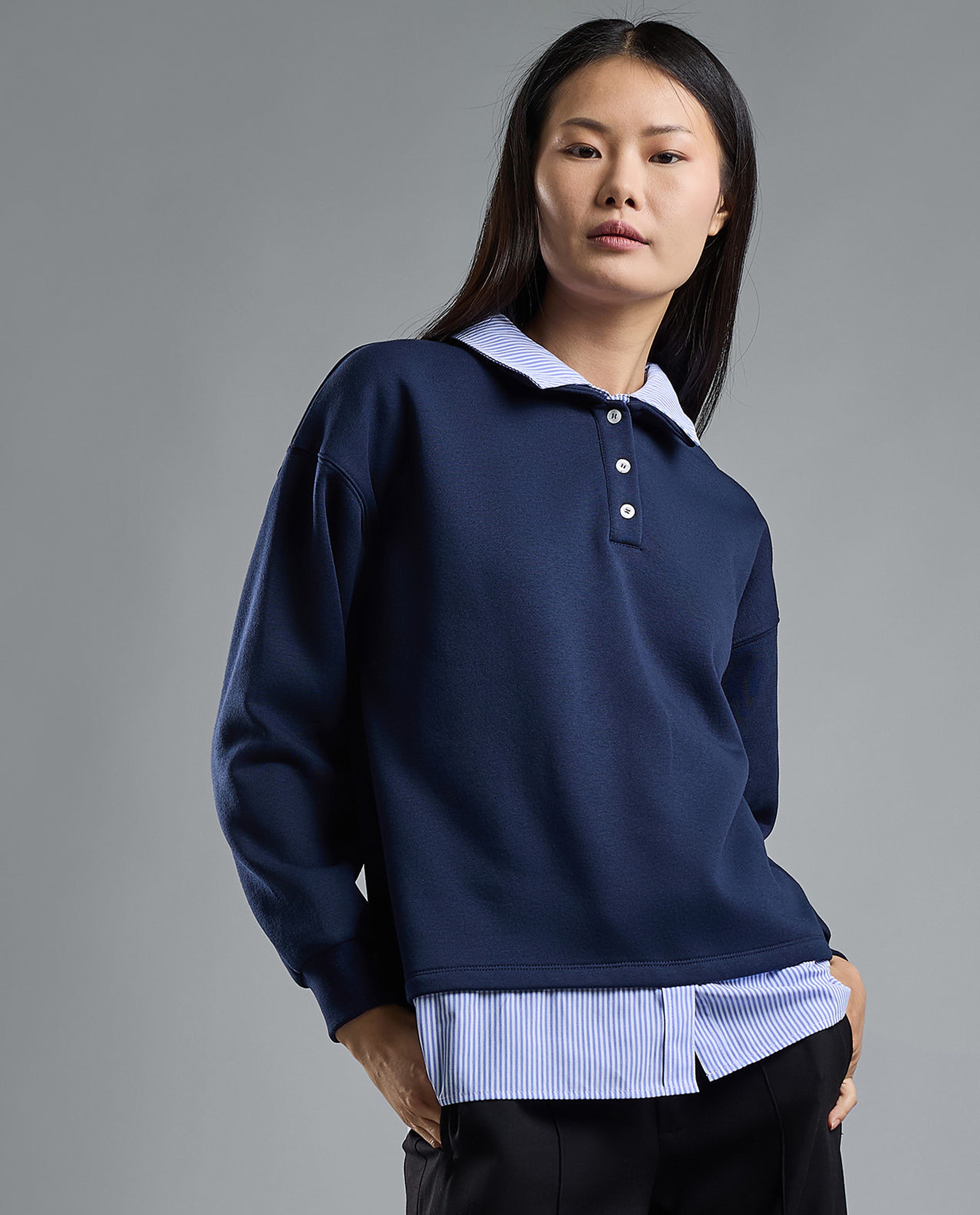 Color Block Collared Sweatshirt with Long Sleeves