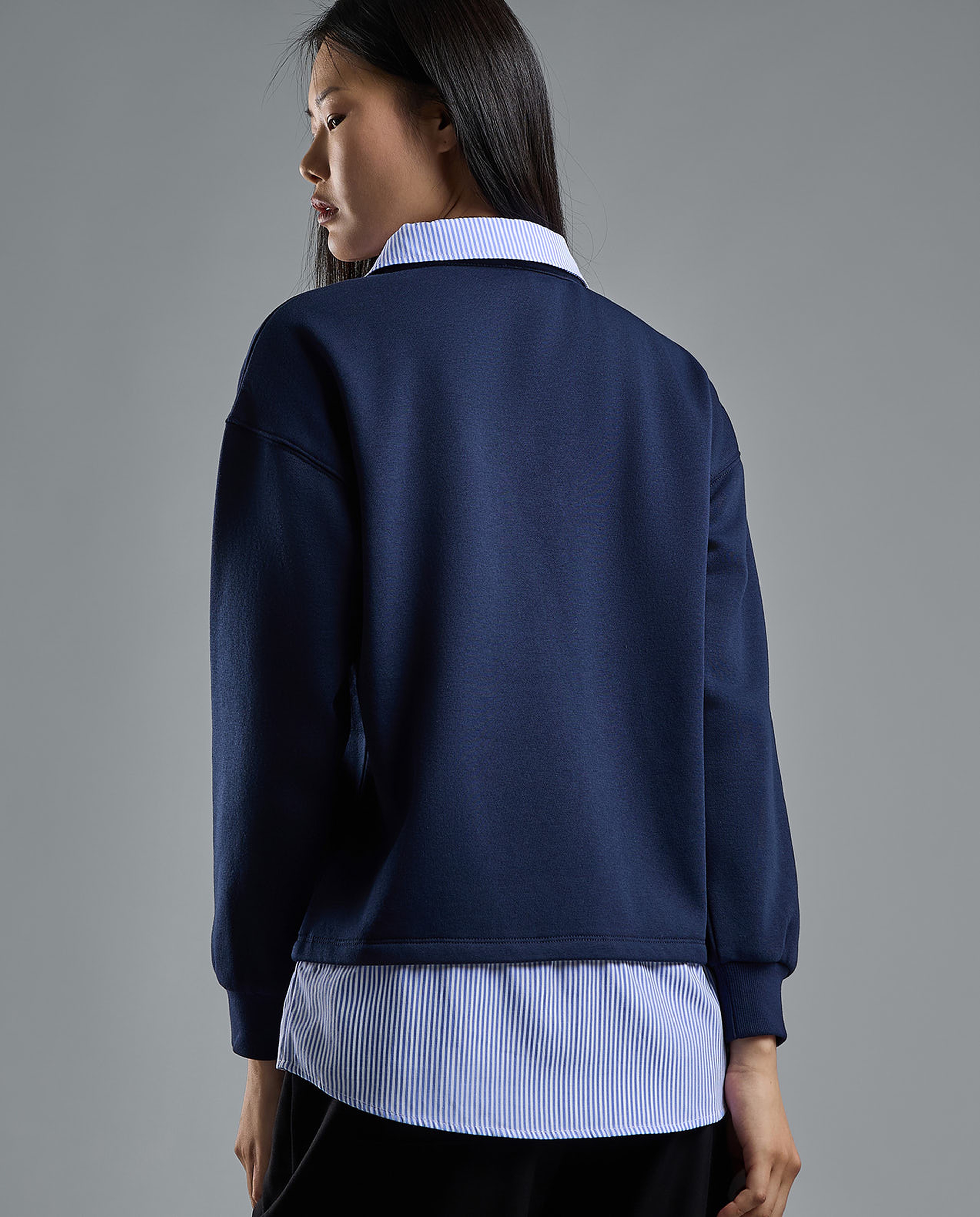 Color Block Collared Sweatshirt with Long Sleeves