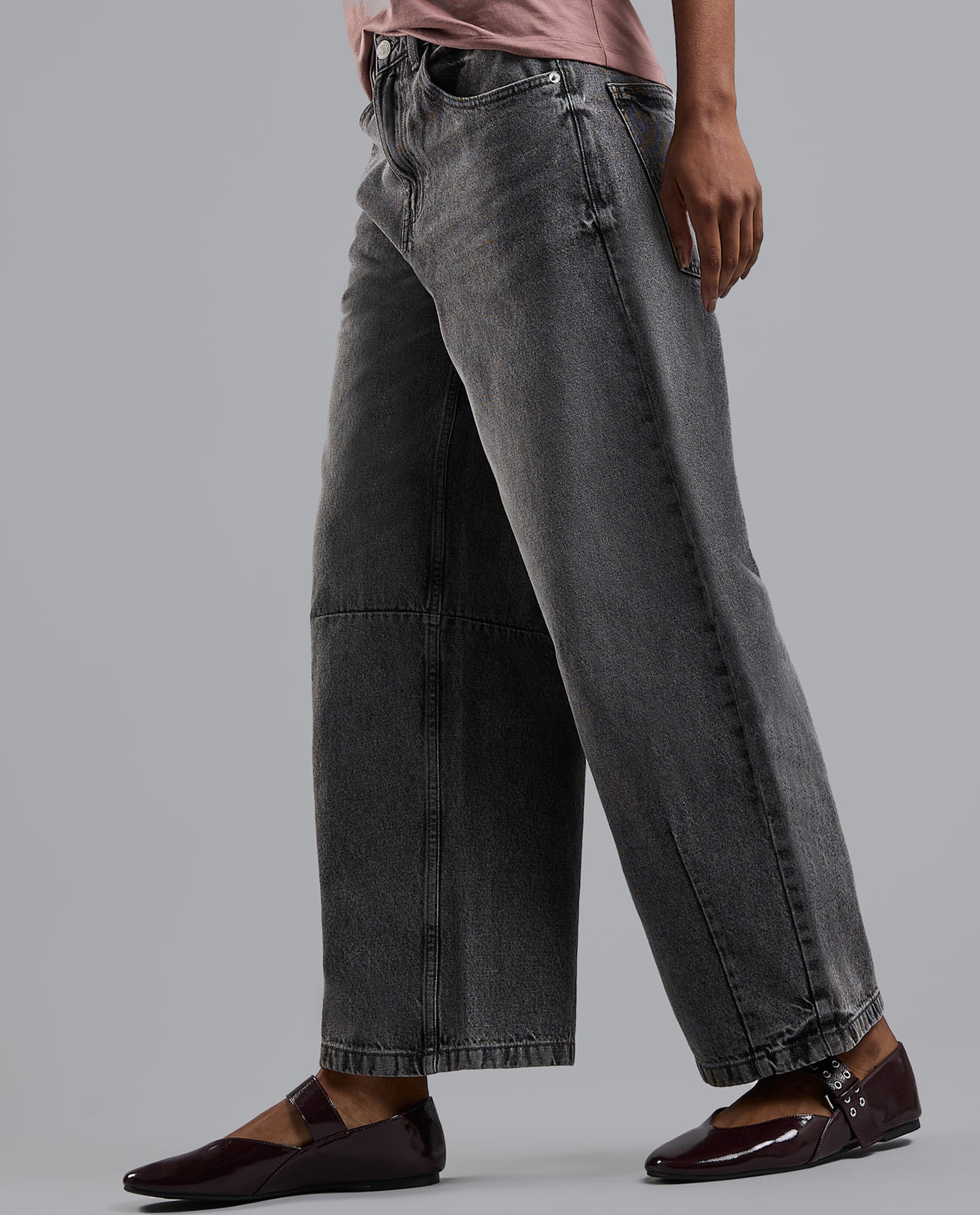 Washed Baggy Jeans with Button Closure