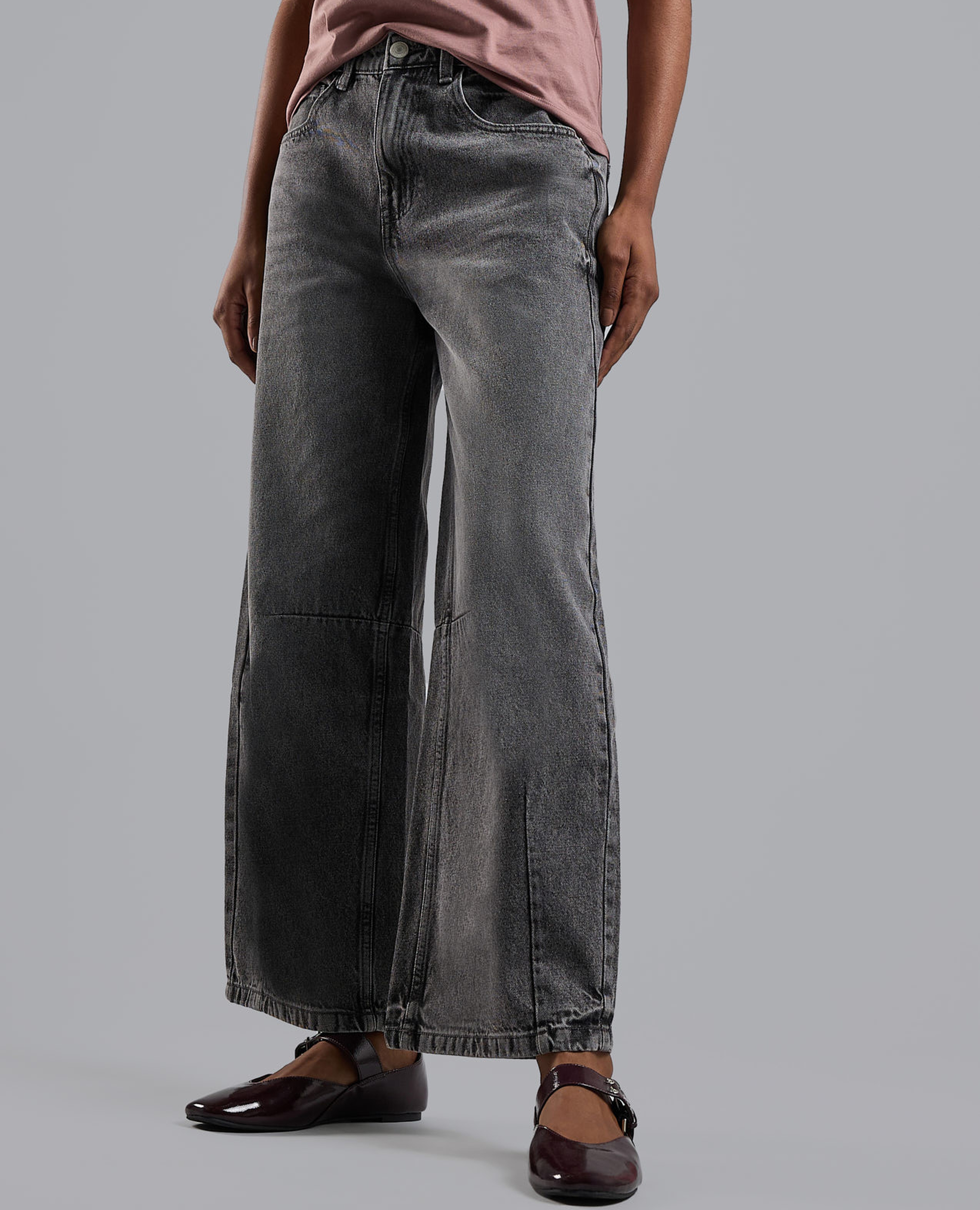Washed Baggy Jeans with Button Closure