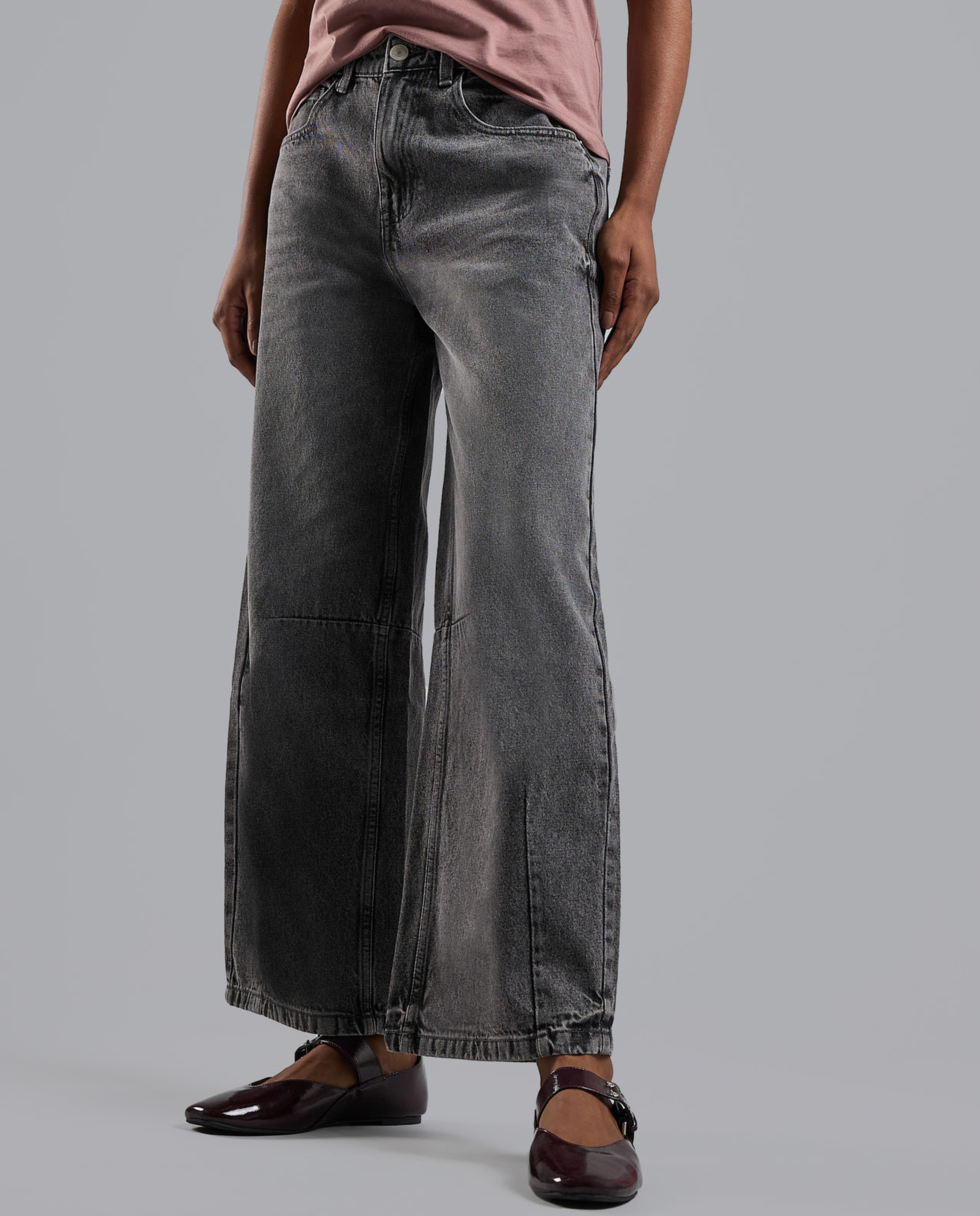 Washed Baggy Jeans with Button Closure