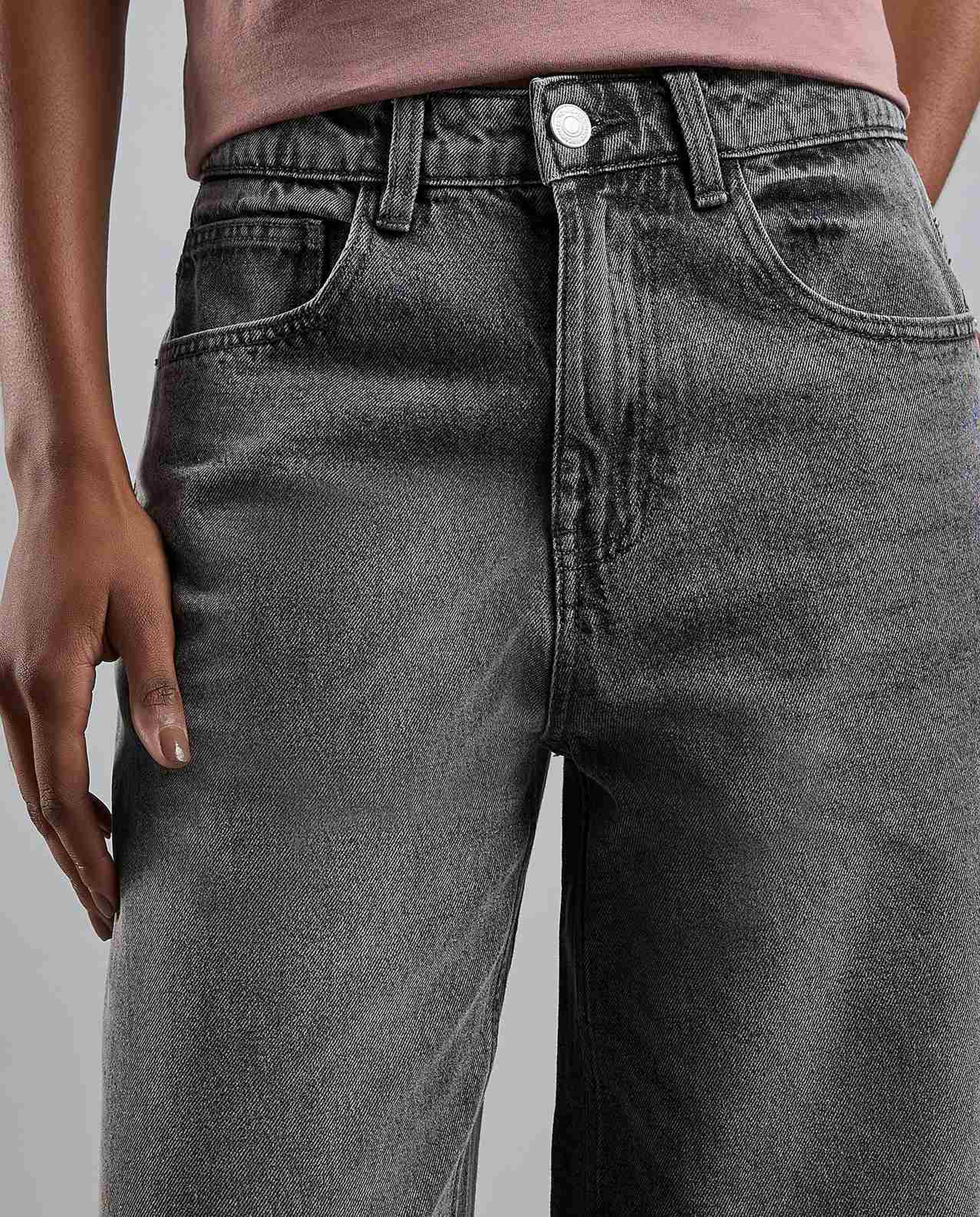 Washed Baggy Jeans with Button Closure