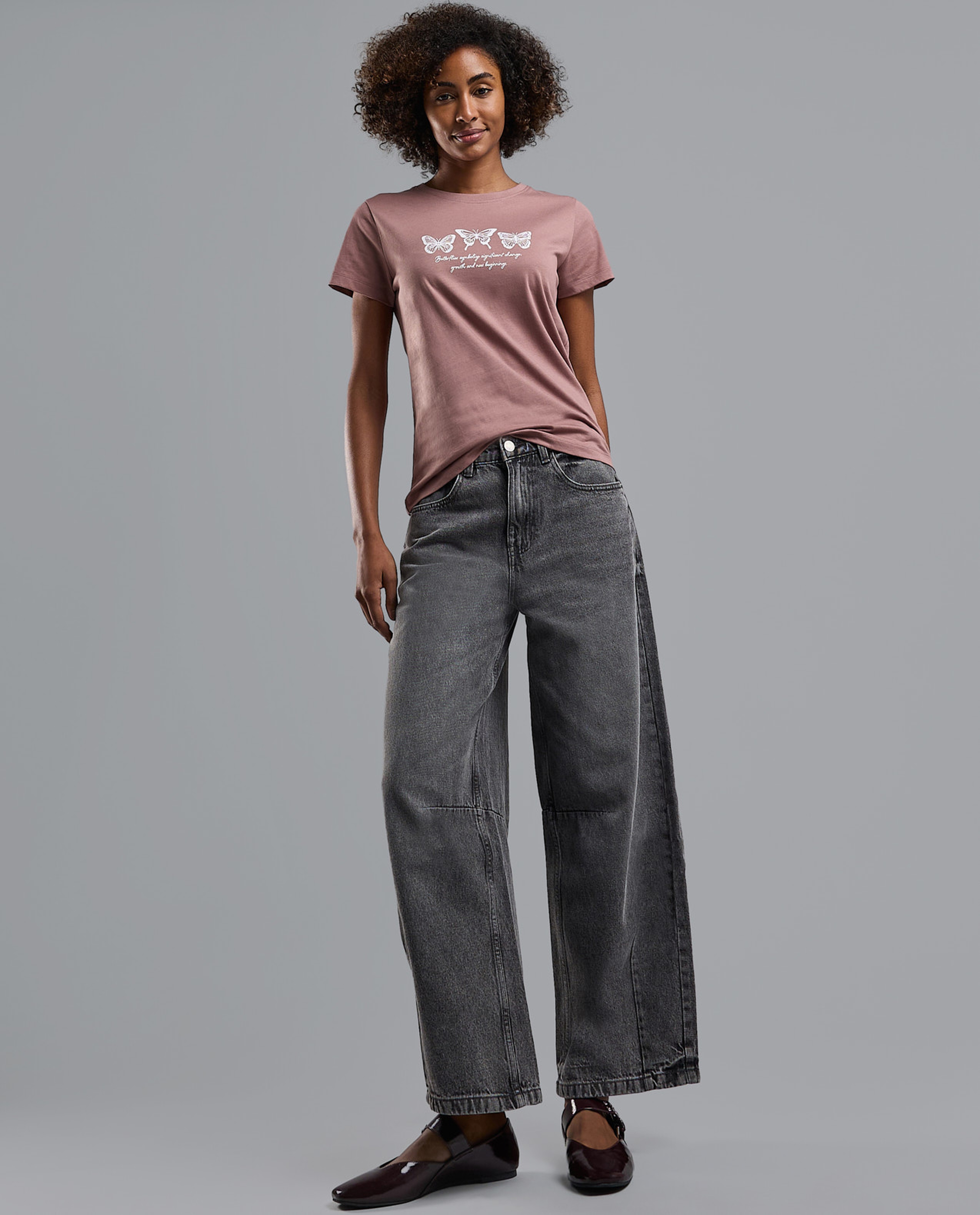 Washed Baggy Jeans with Button Closure