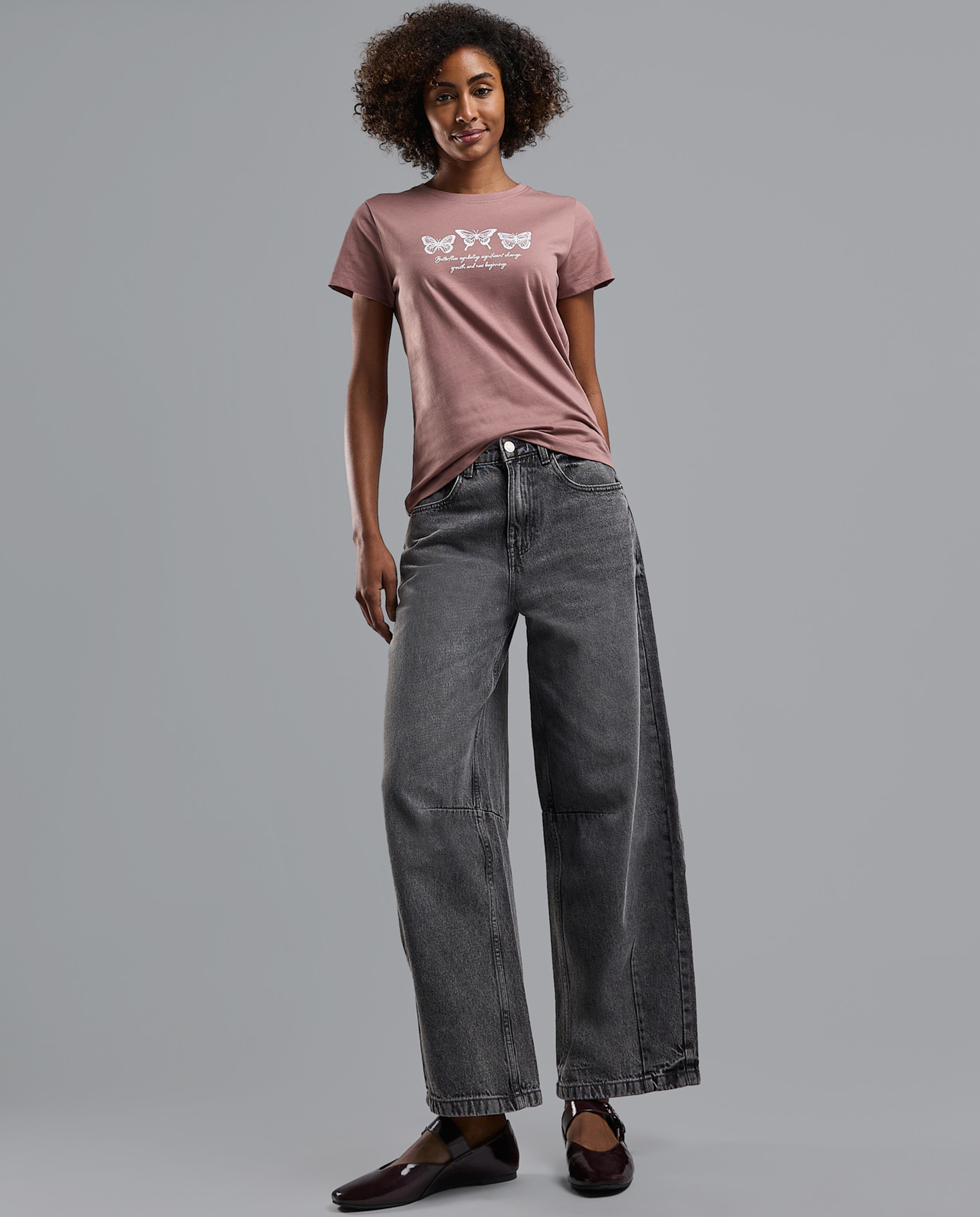 Washed Baggy Jeans with Button Closure