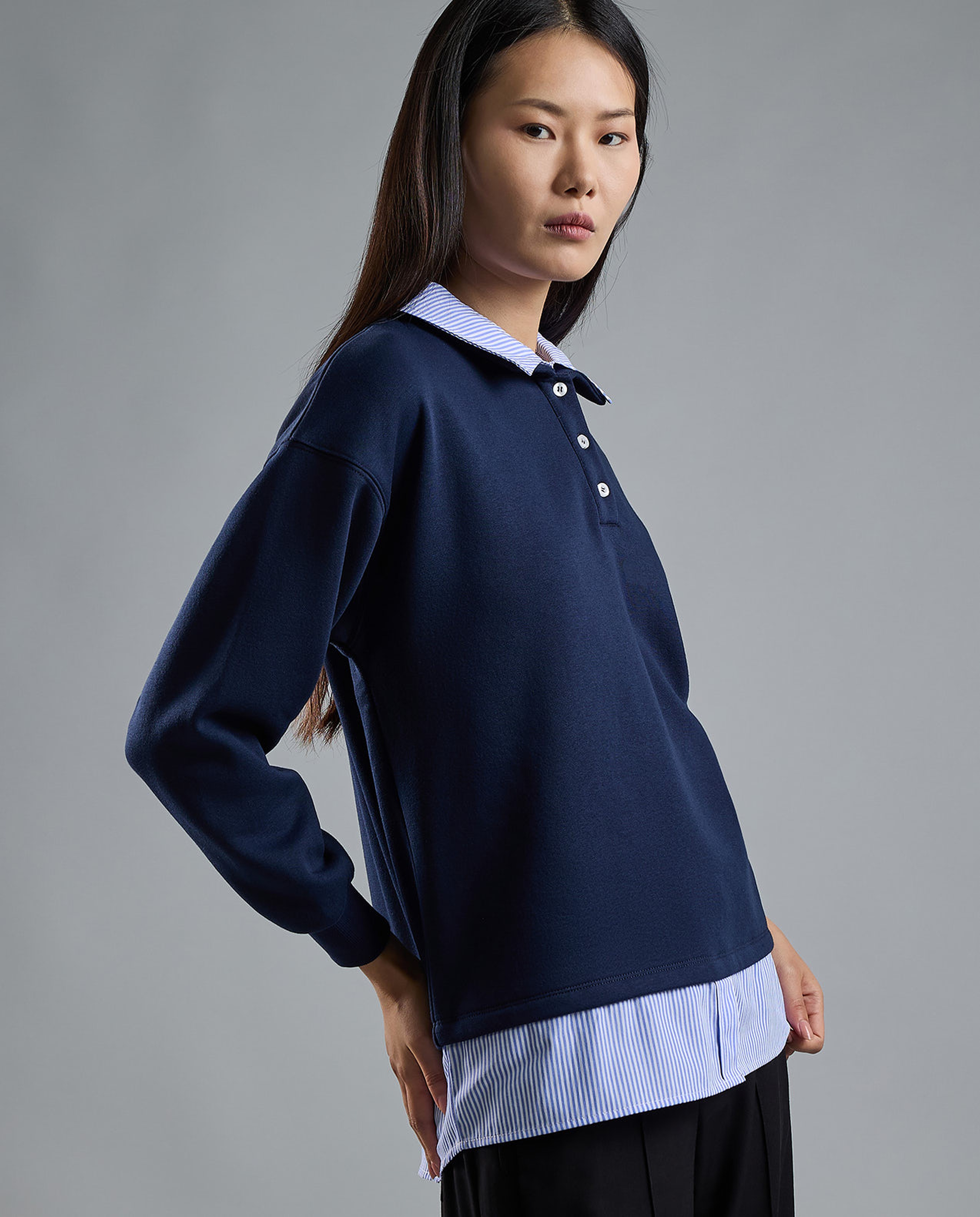 Color Block Collared Sweatshirt with Long Sleeves