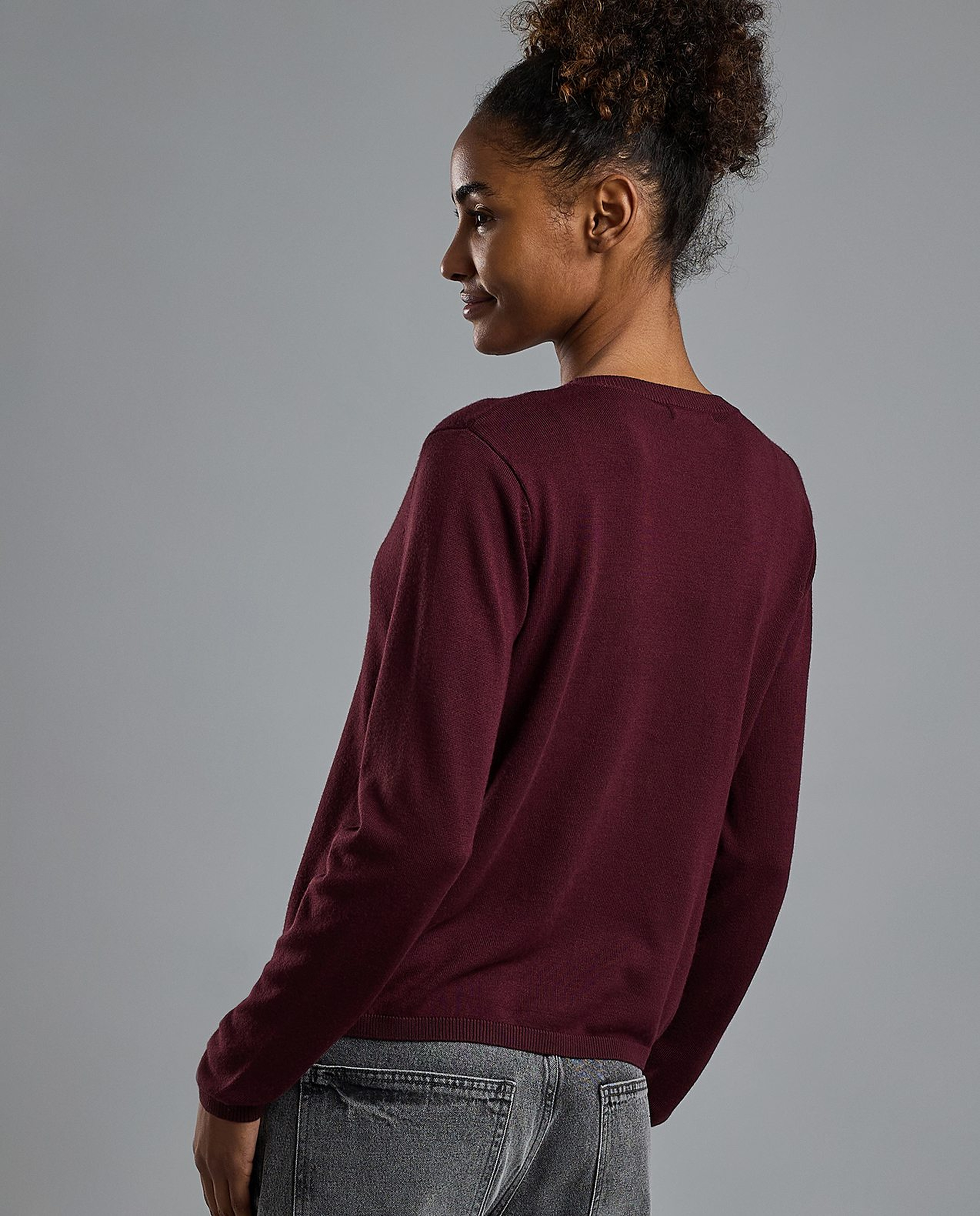 Solid V-Neck Cardigan with Button Closure