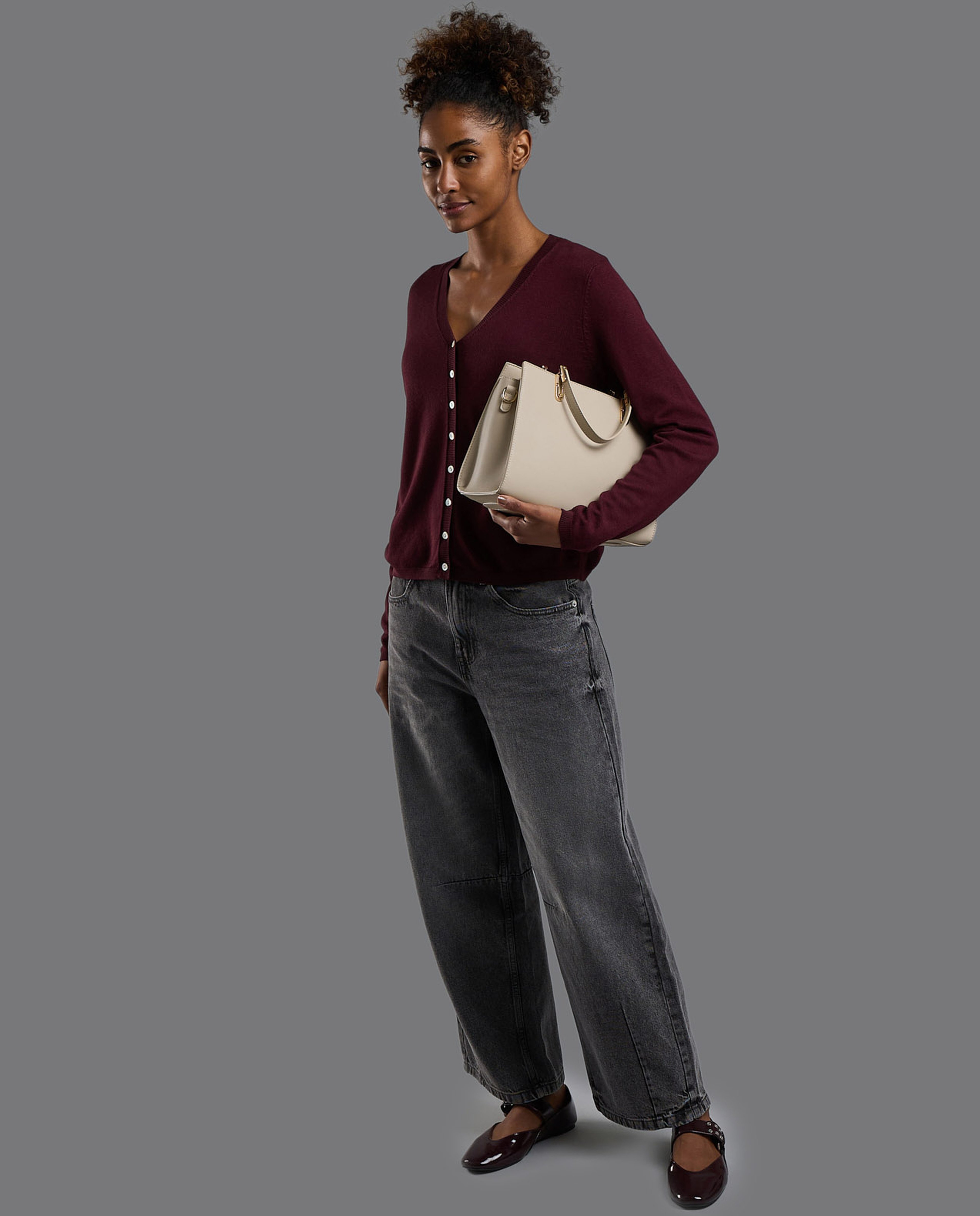 Solid V-Neck Cardigan with Button Closure