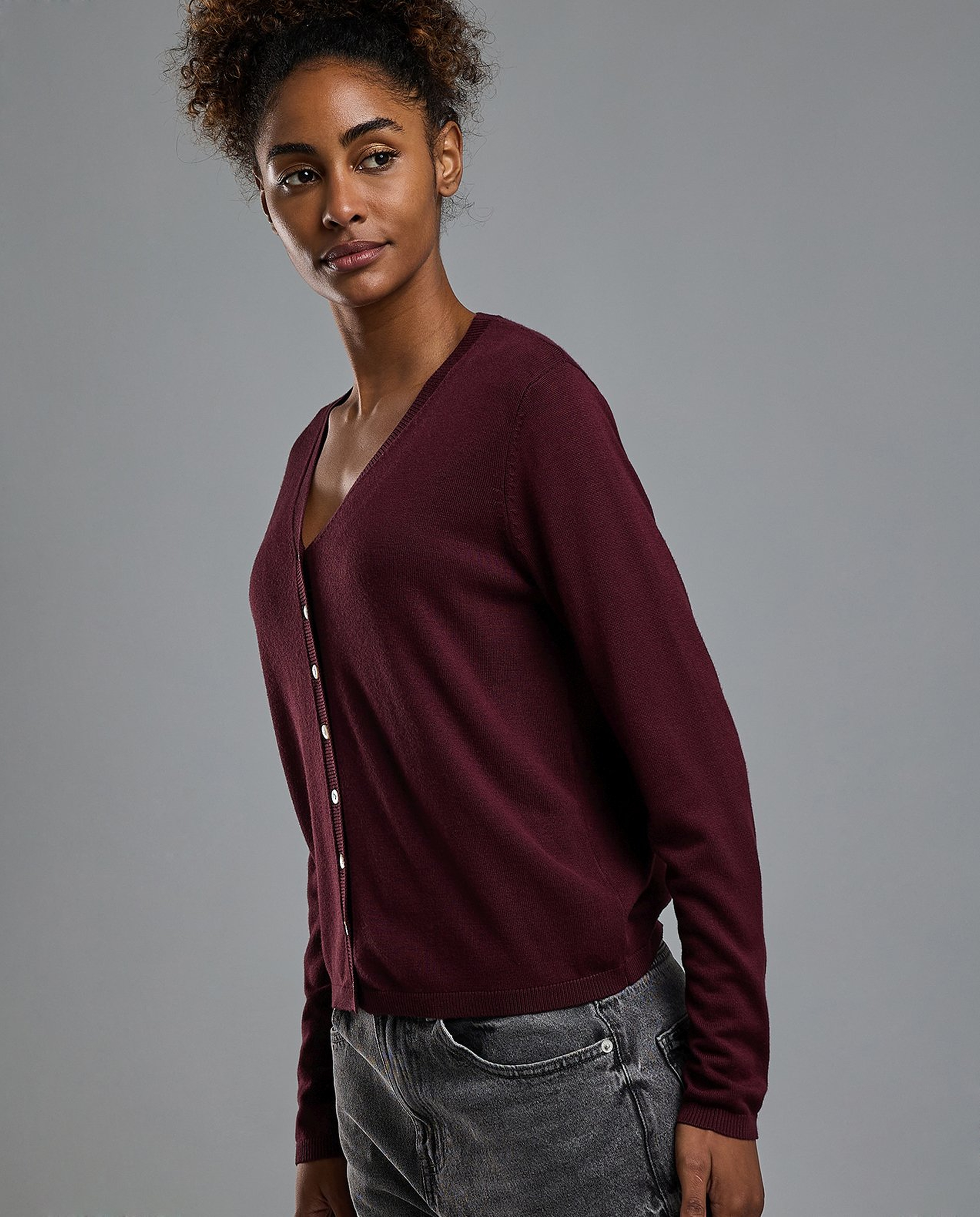 Solid V-Neck Cardigan with Button Closure