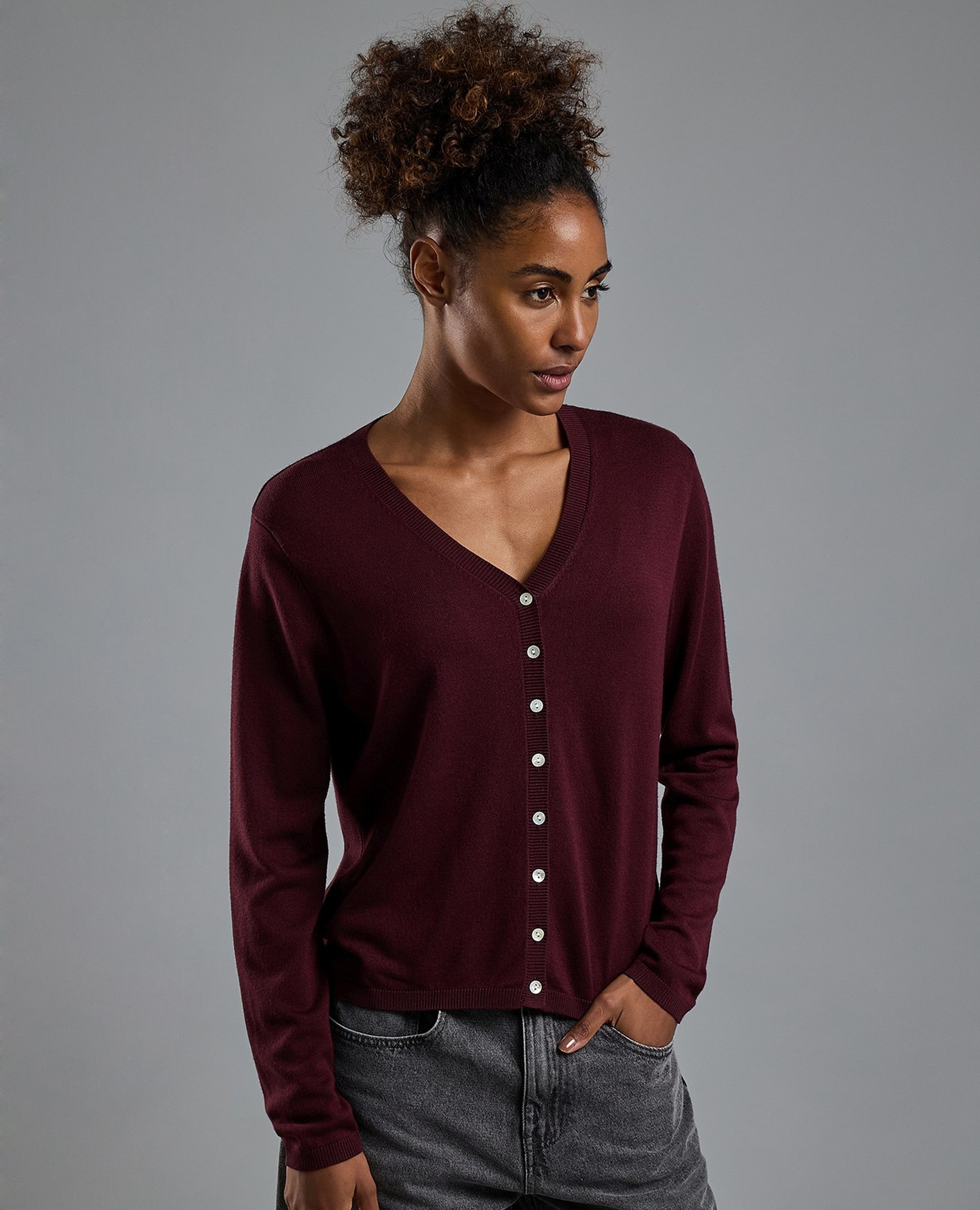 Solid V-Neck Cardigan with Button Closure