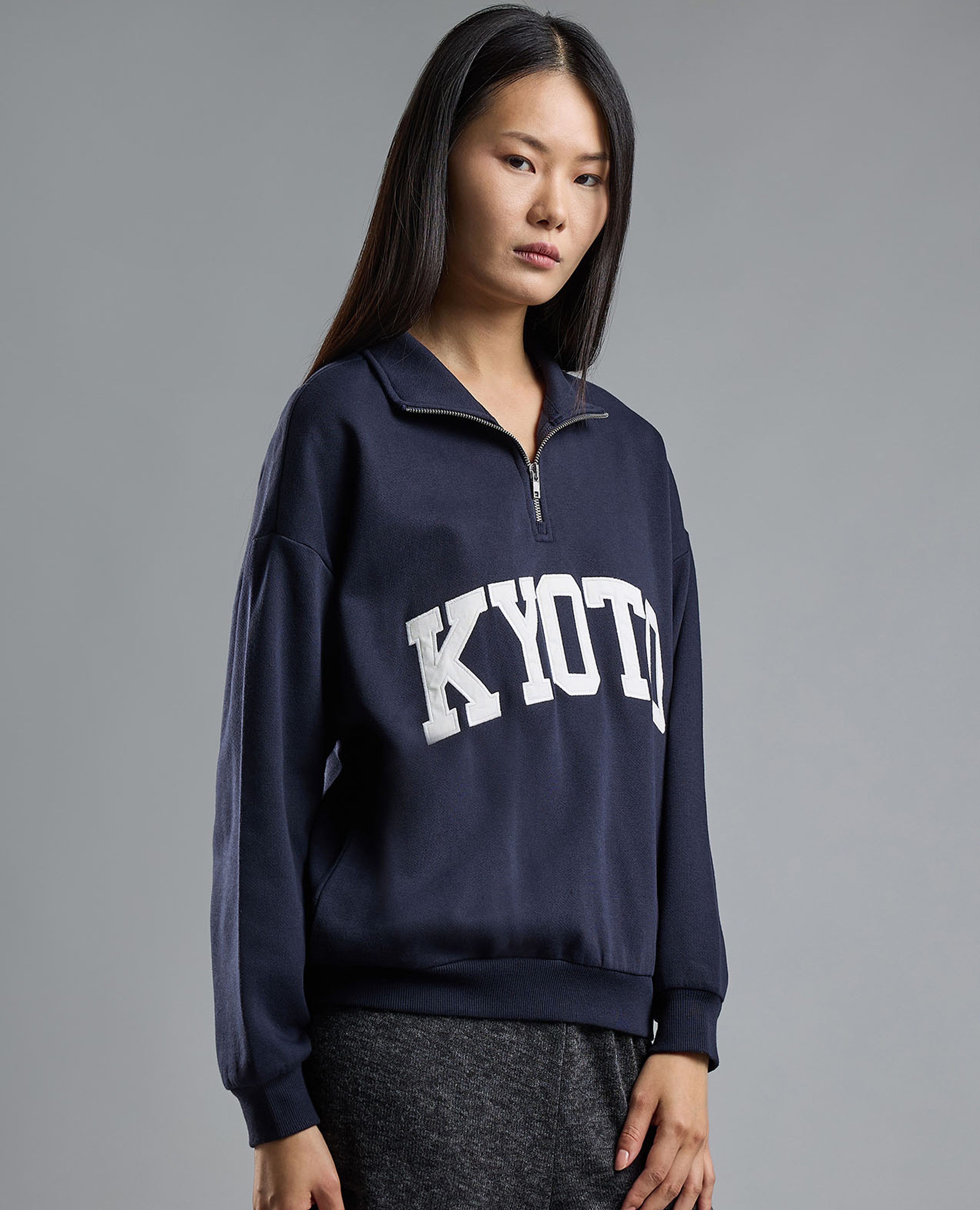 Appliqued Sweatshirt with Zipper Neck and Long Sleeves