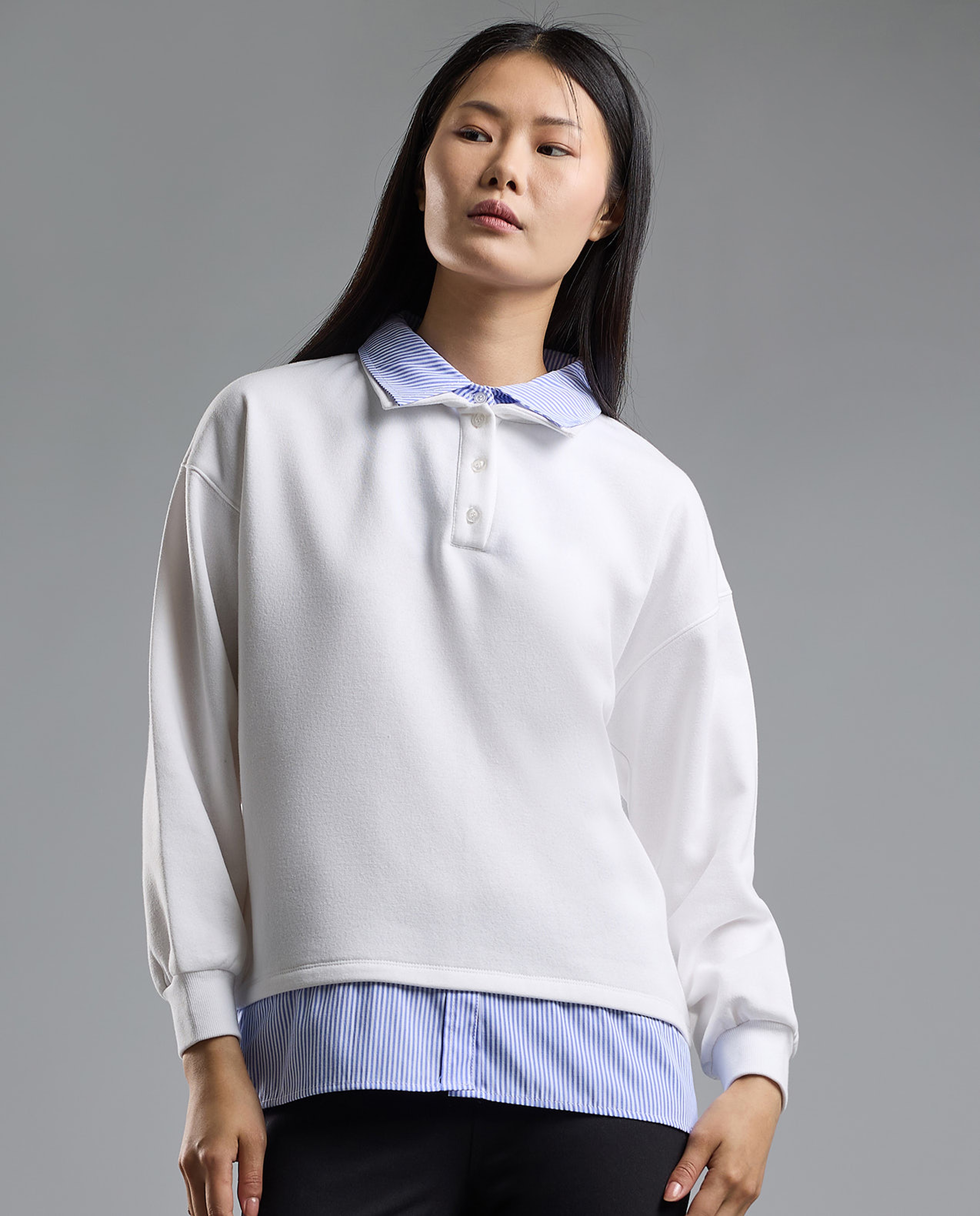 Color Block Collared Sweatshirt with Long Sleeves