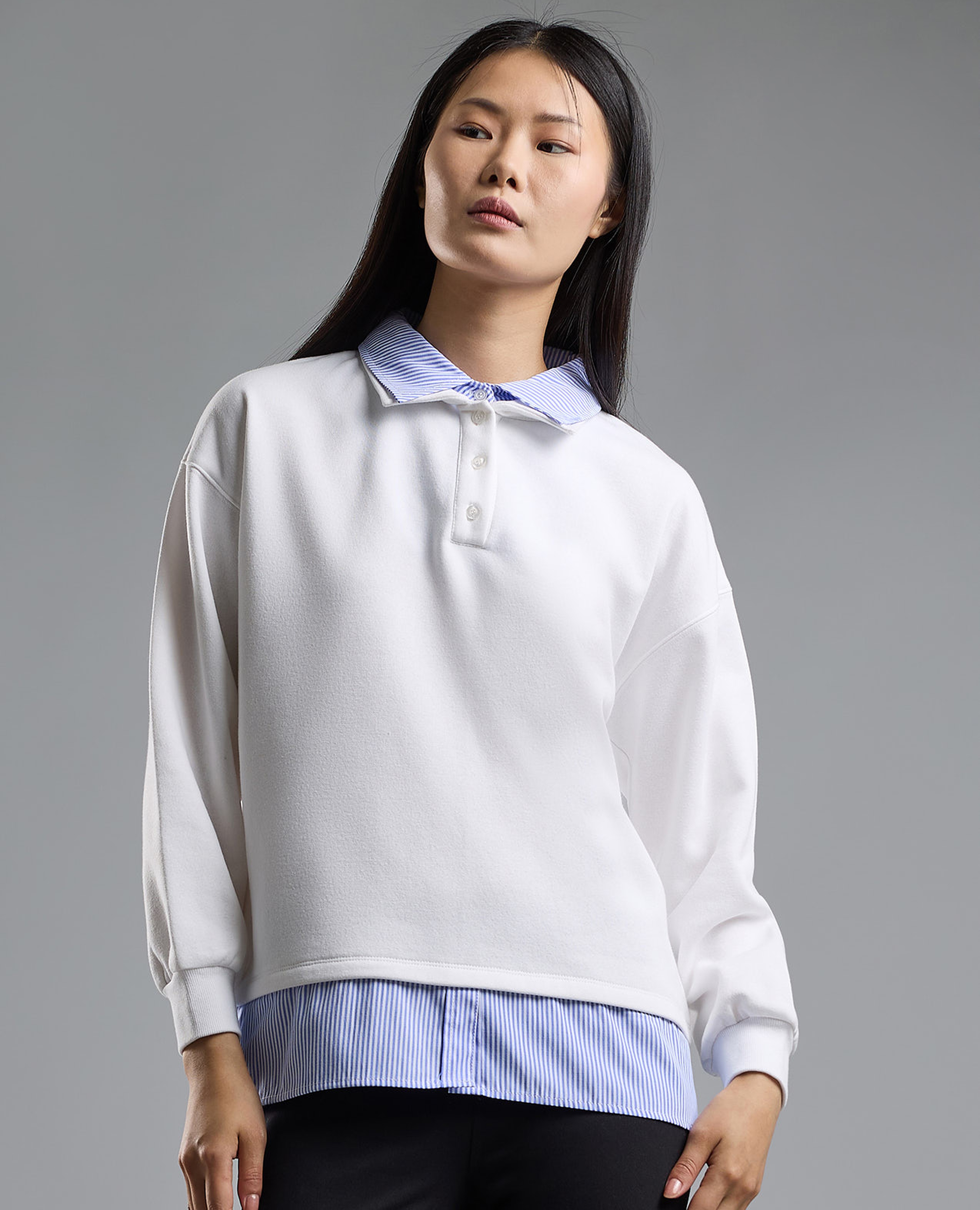 Color Block Collared Sweatshirt with Long Sleeves