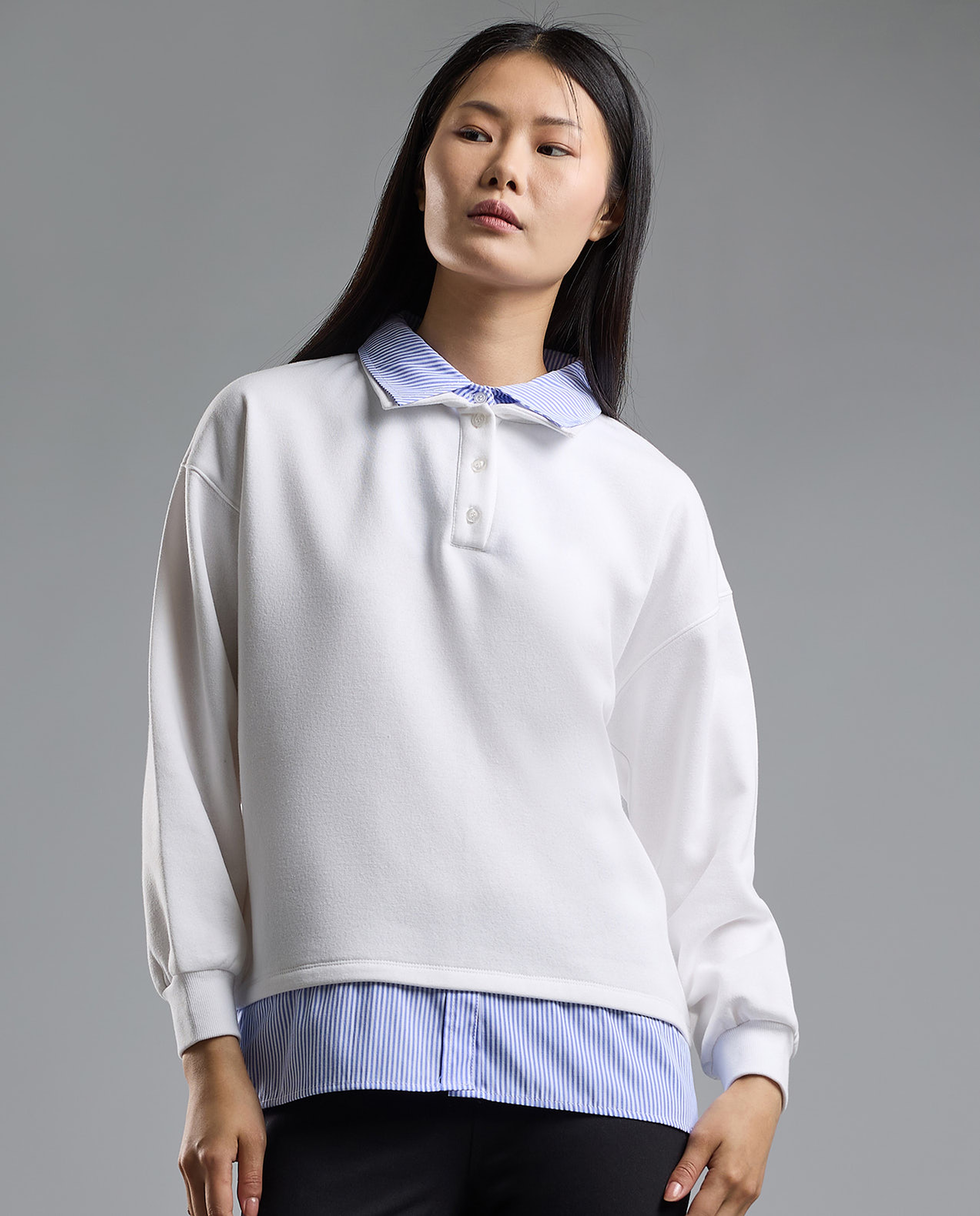 Color Block Collared Sweatshirt with Long Sleeves