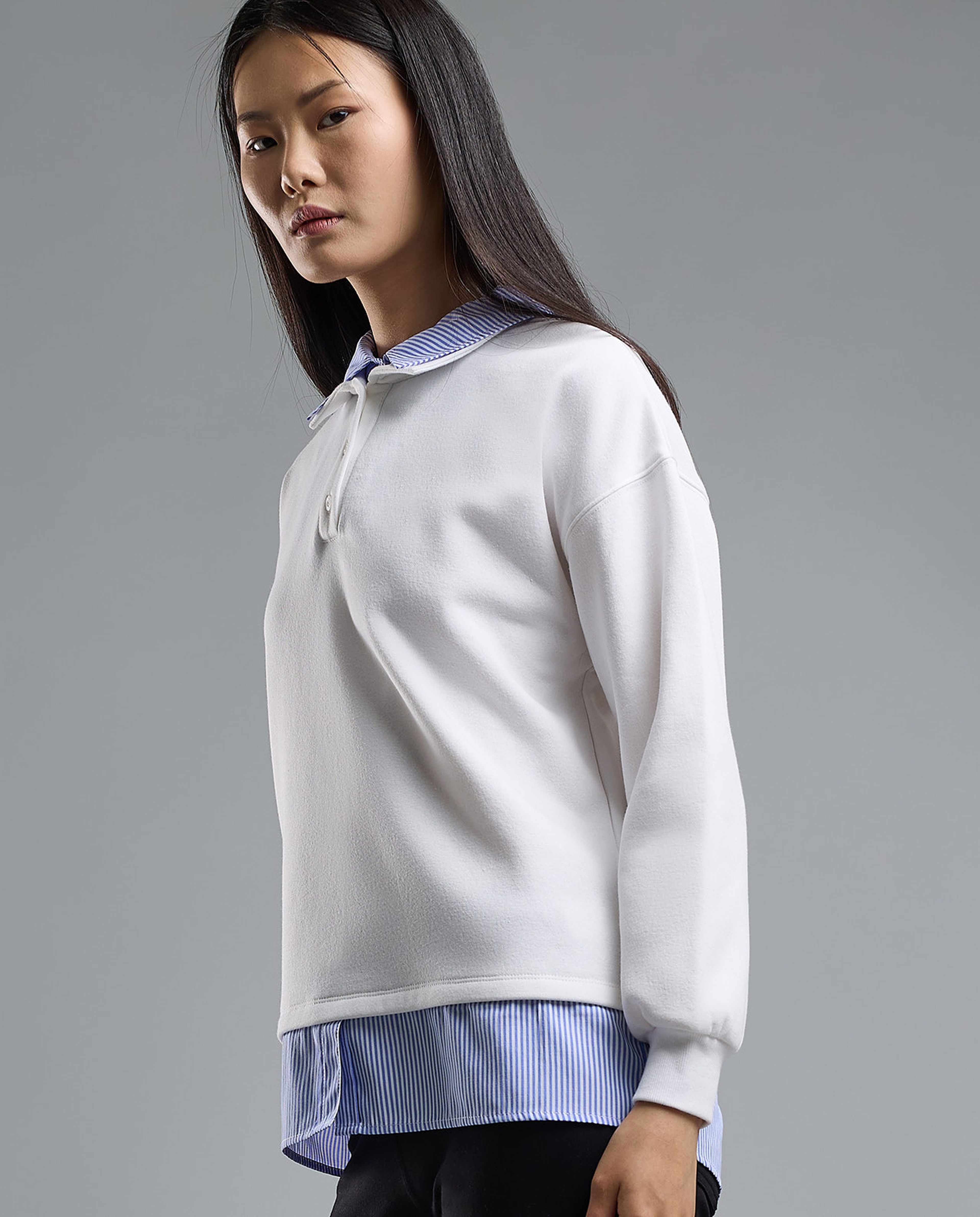 Color Block Collared Sweatshirt with Long Sleeves