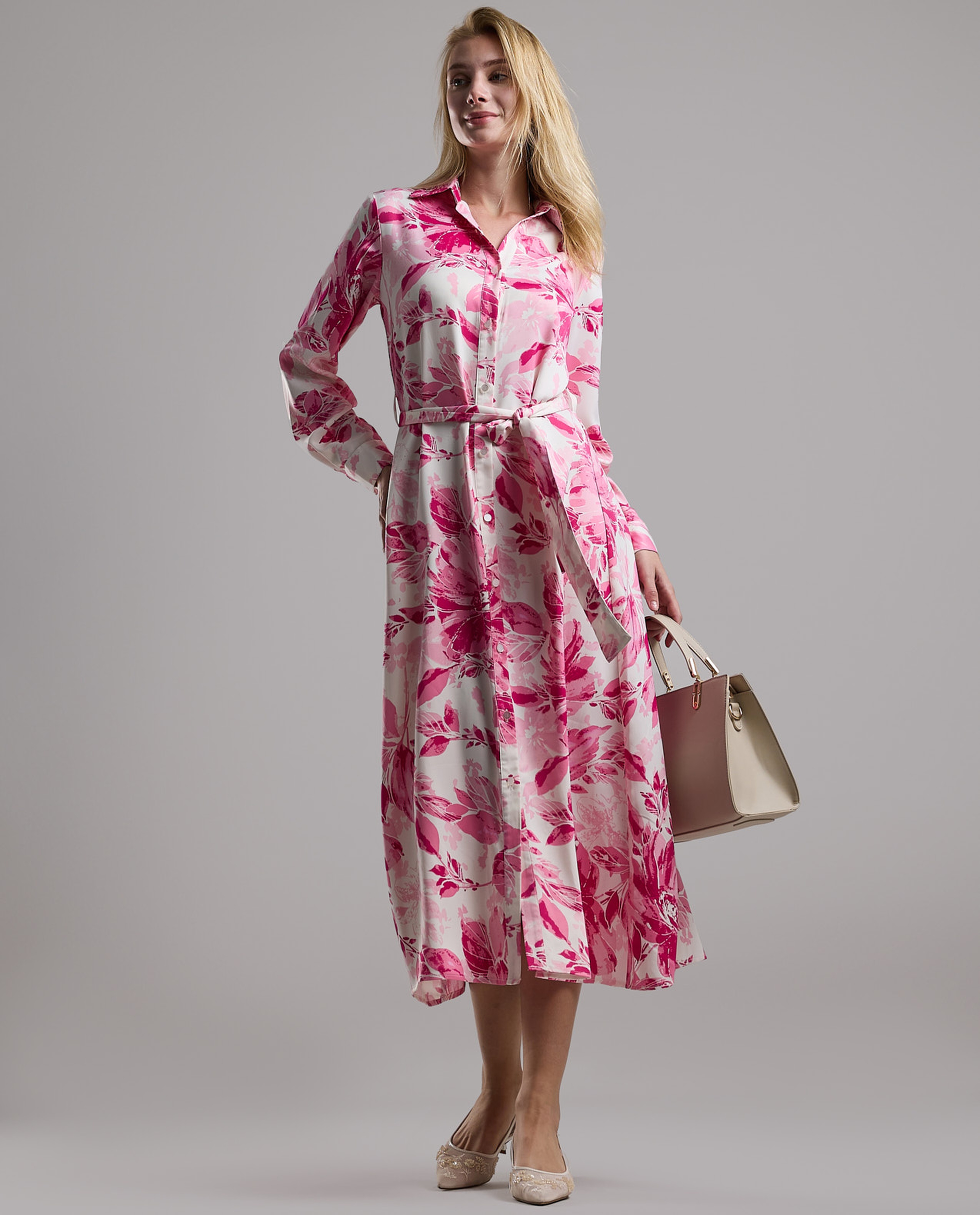 Printed Shirt Dress with Long Sleeves