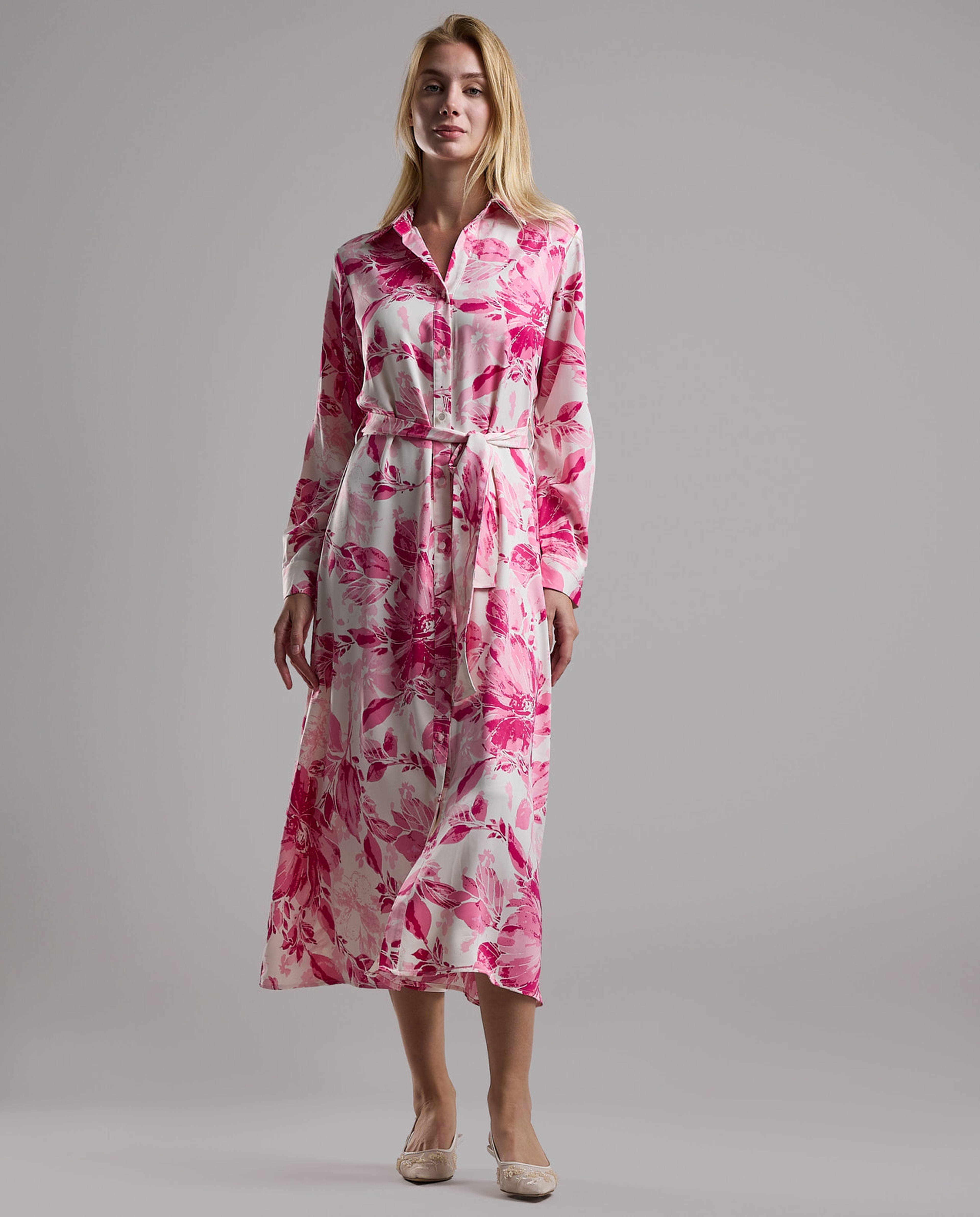 Printed Shirt Dress with Long Sleeves