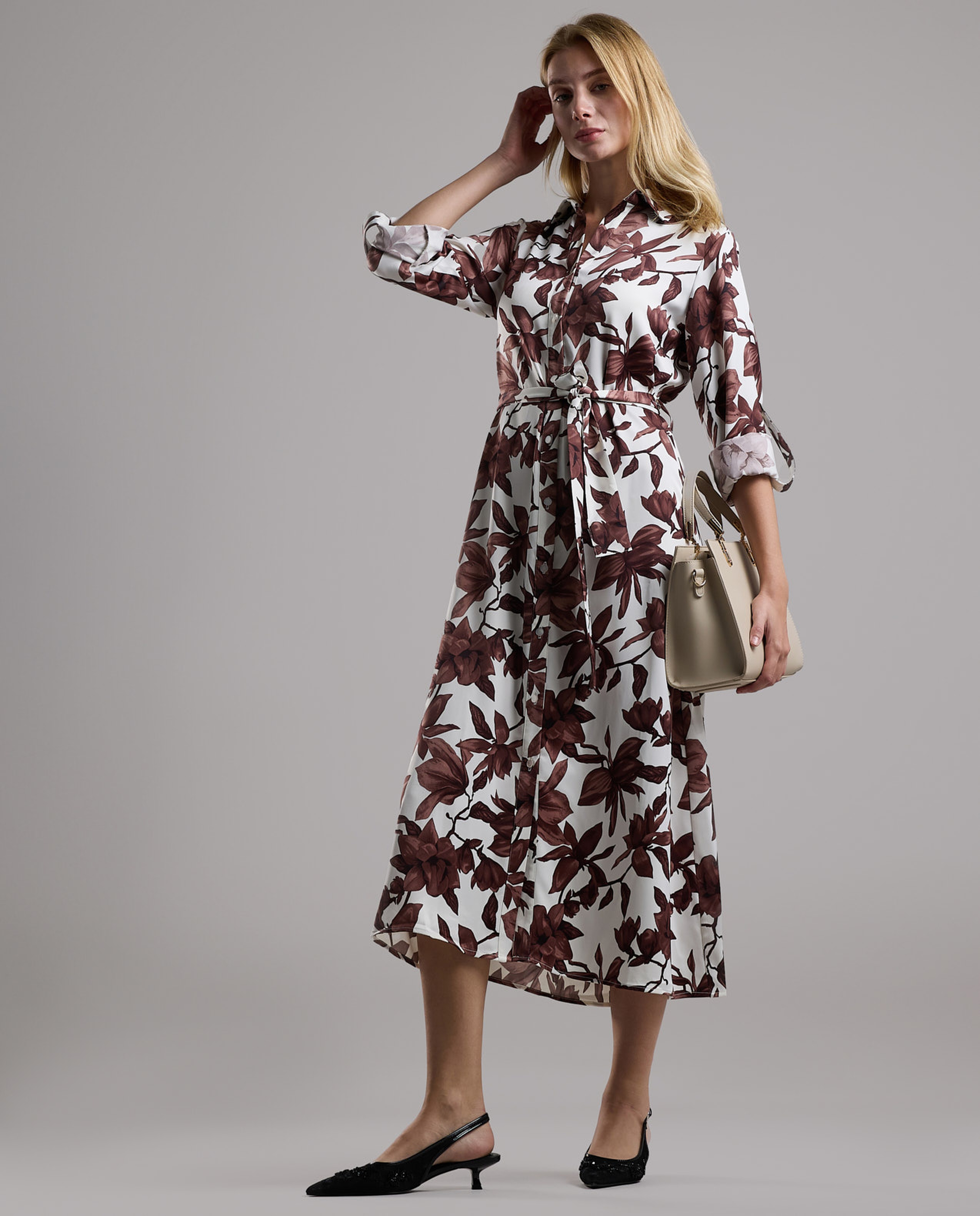 Printed Shirt Dress with Long Sleeves