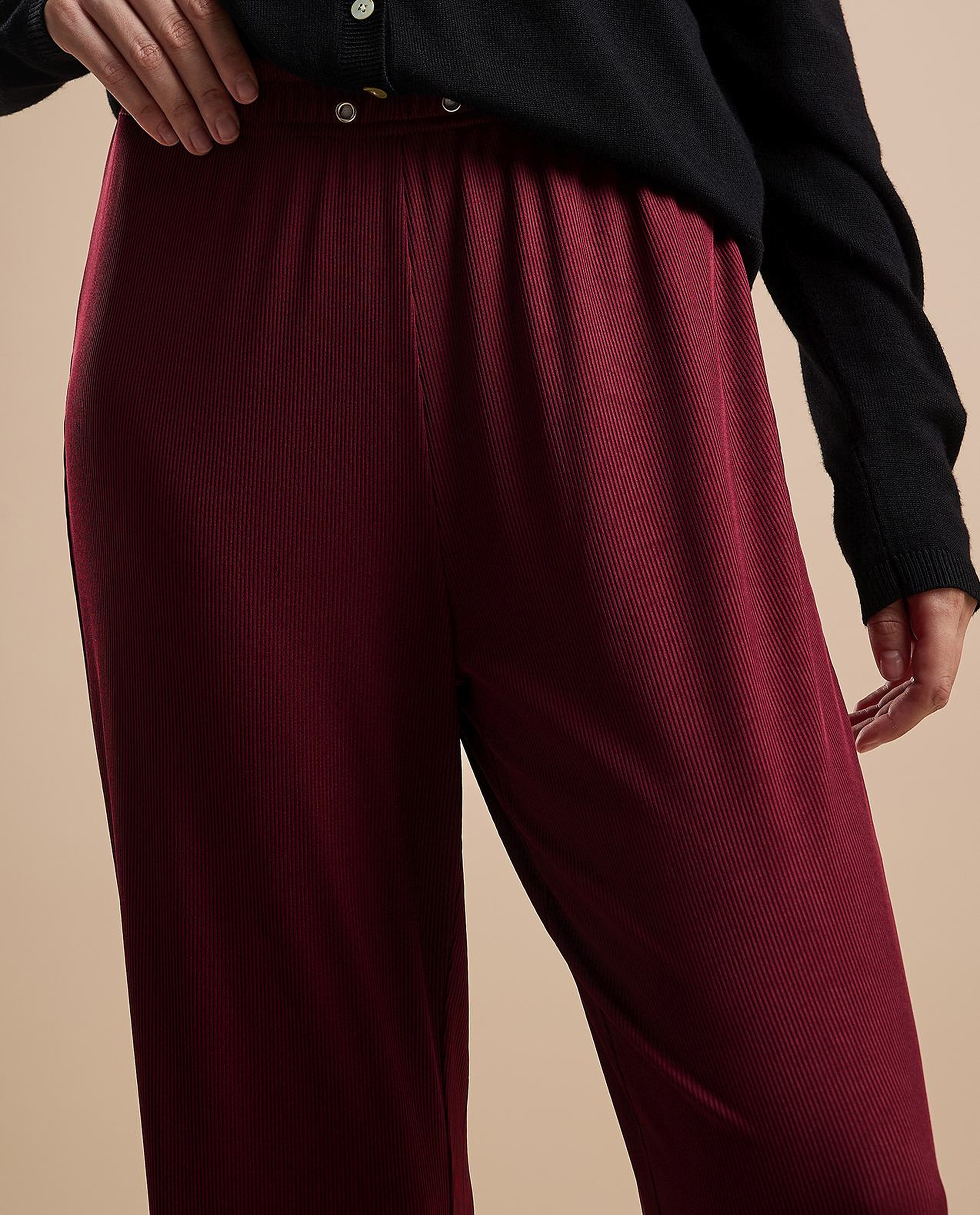 Ribbed Straight Fit Pants with Drawstring Waist
