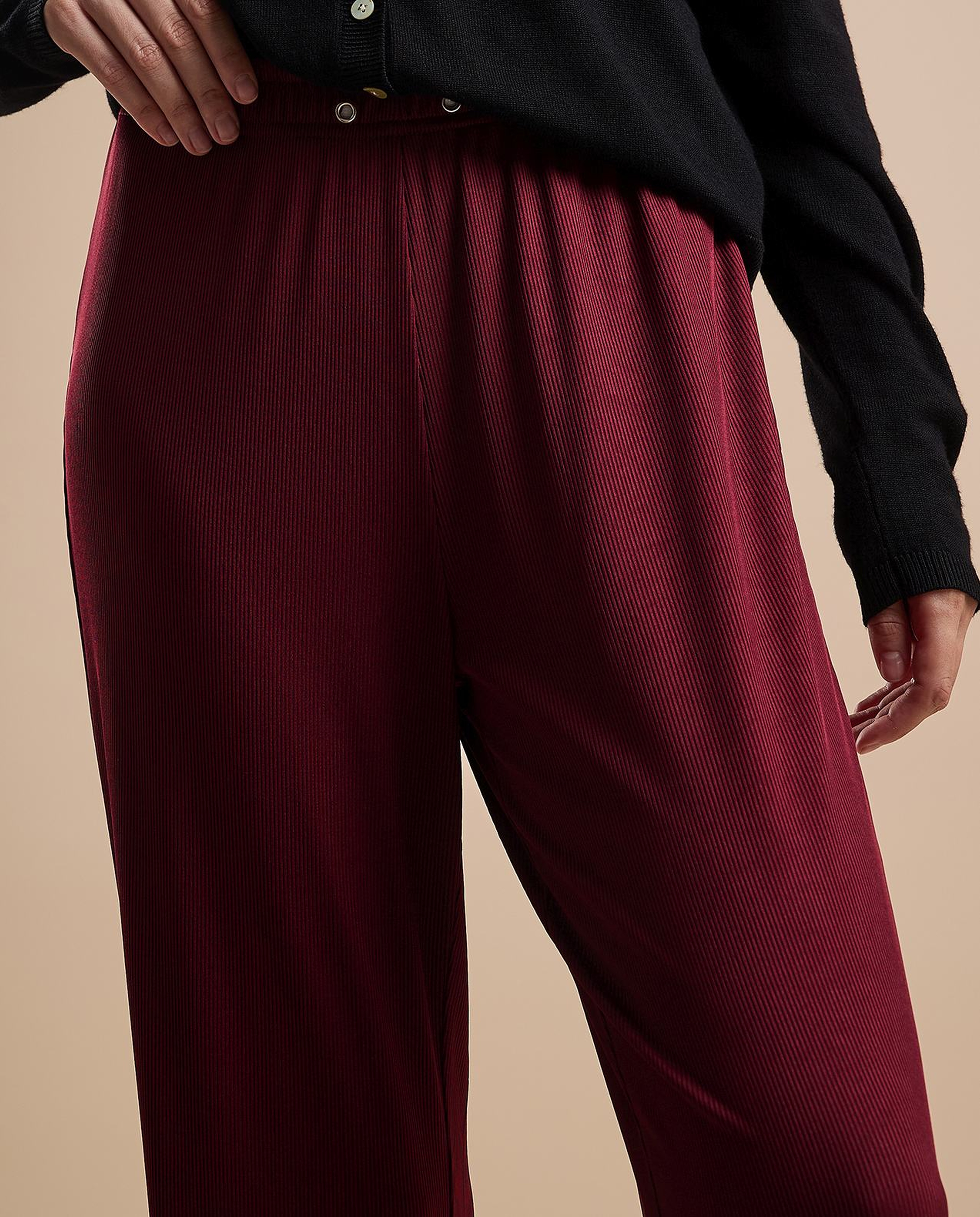 Ribbed Straight Fit Pants with Drawstring Waist