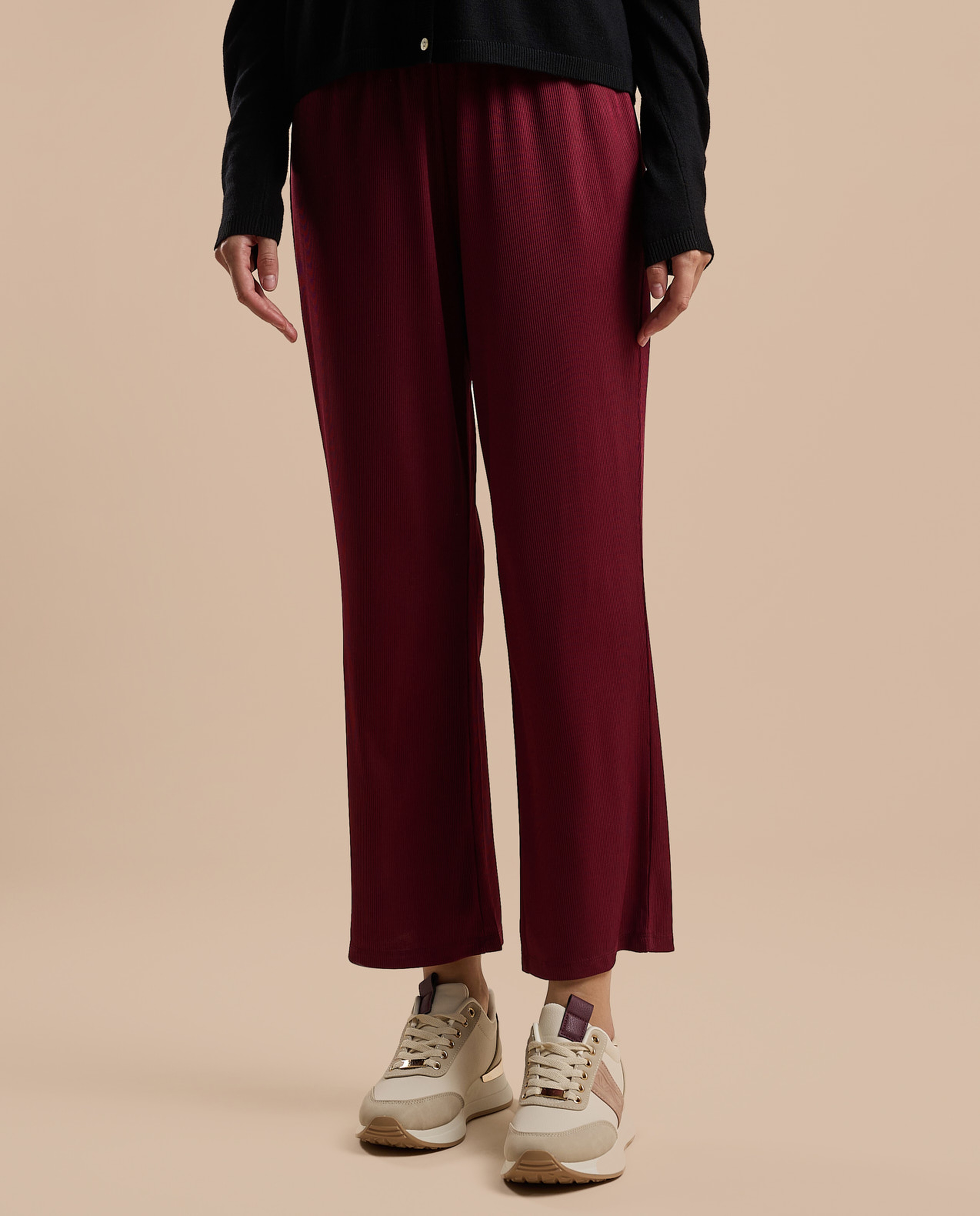 Ribbed Straight Fit Pants with Drawstring Waist