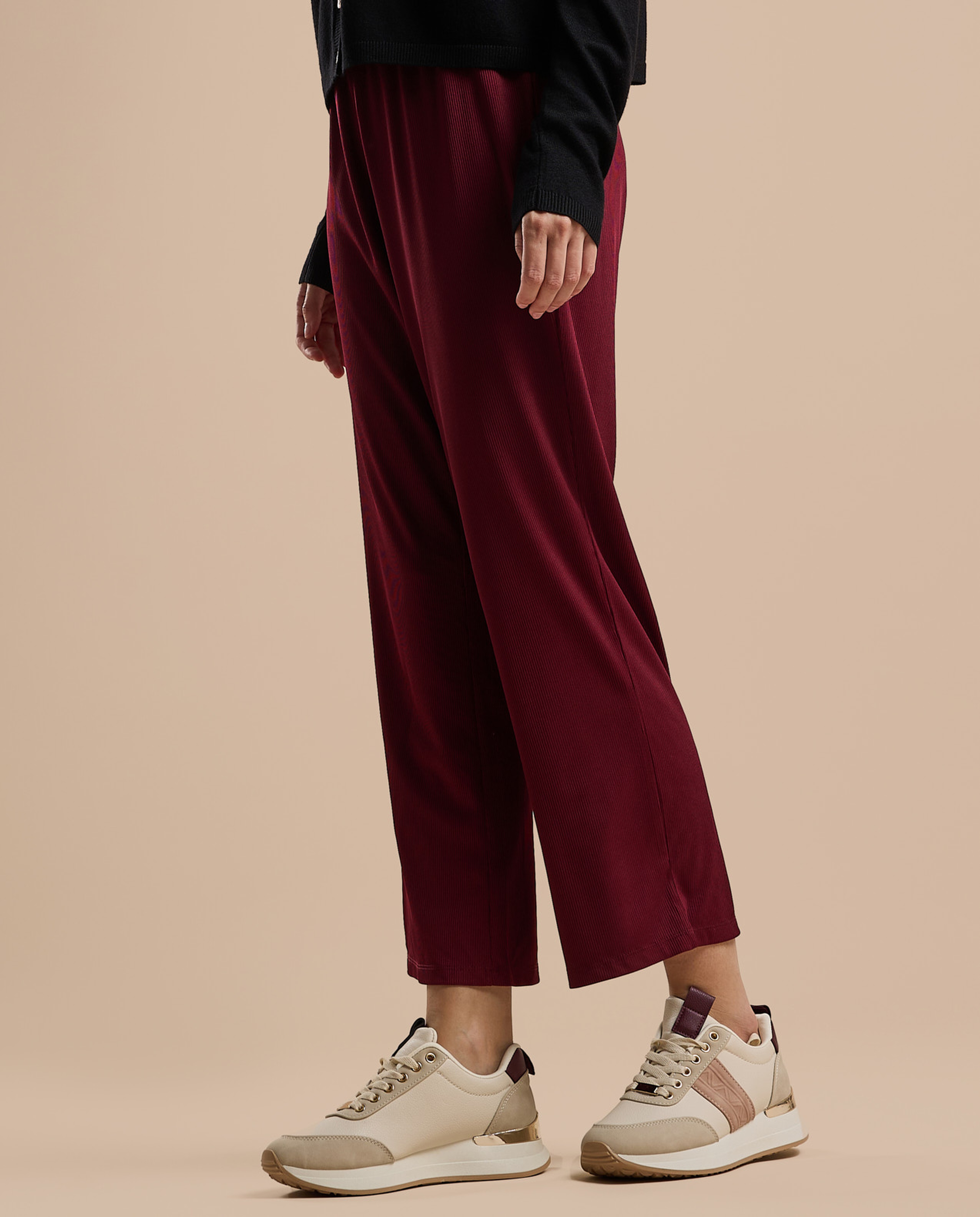 Ribbed Straight Fit Pants with Drawstring Waist