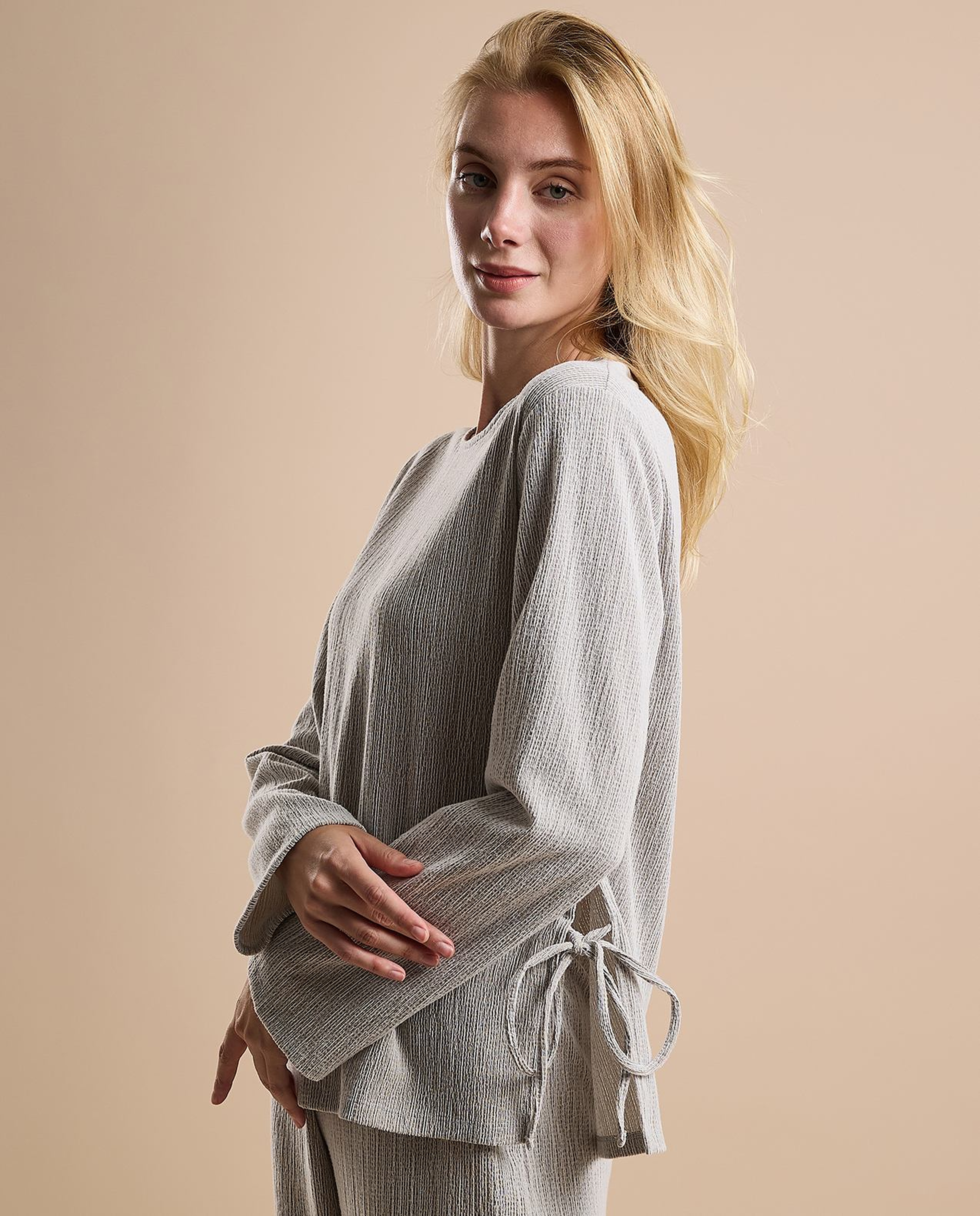 Ribbed Top with Crew Neck and Long Sleeves