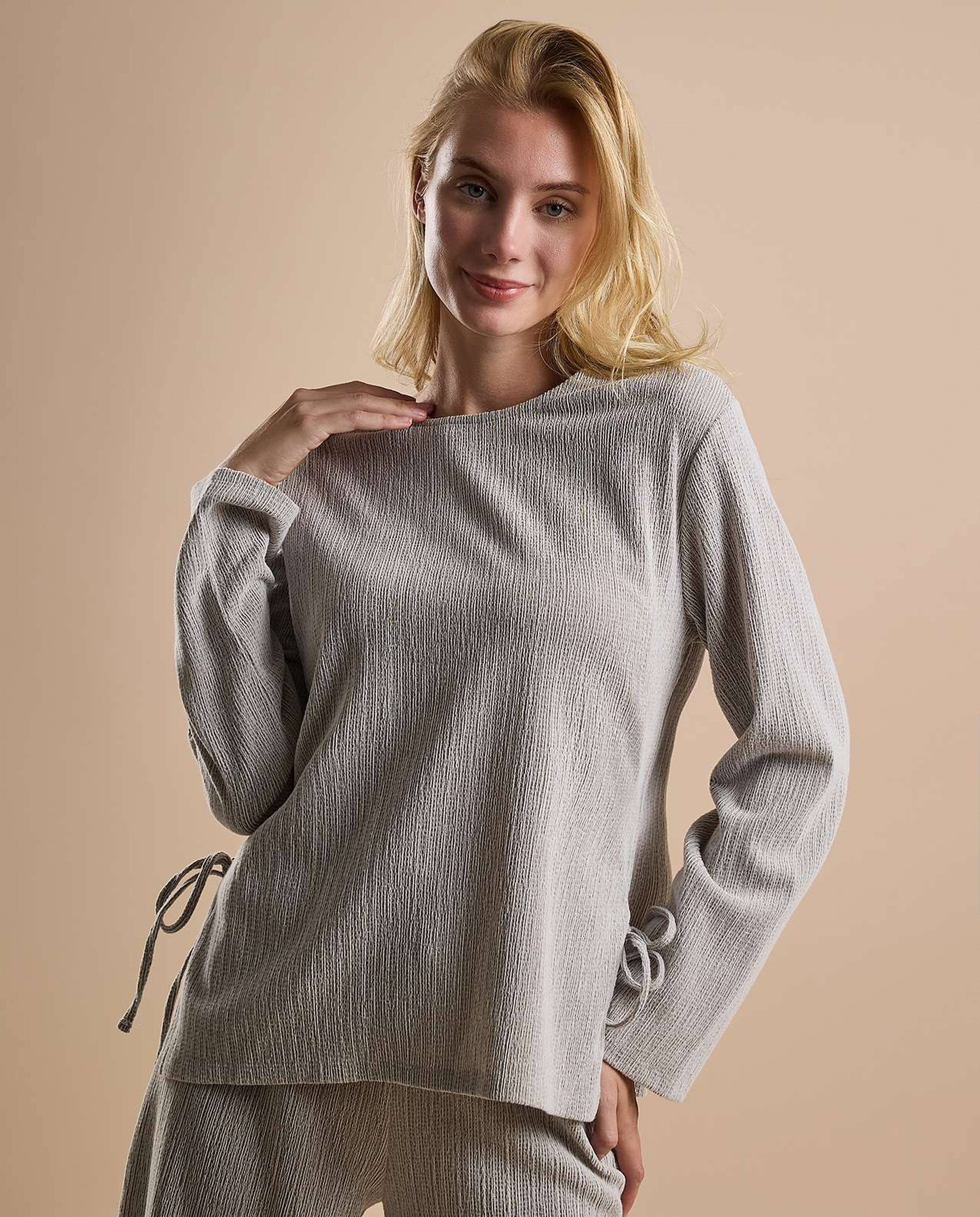Ribbed Top with Crew Neck and Long Sleeves