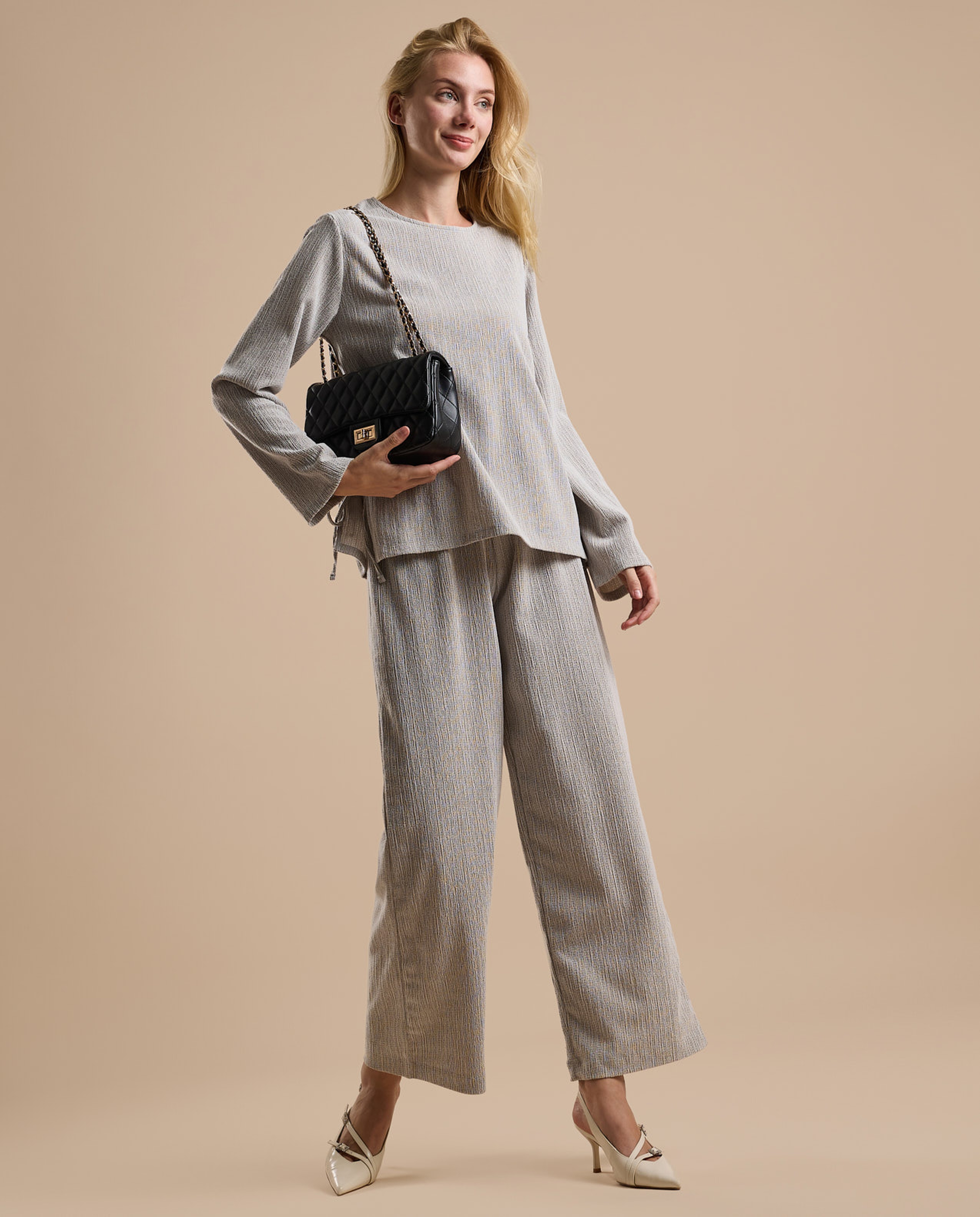 Ribbed Top with Crew Neck and Long Sleeves