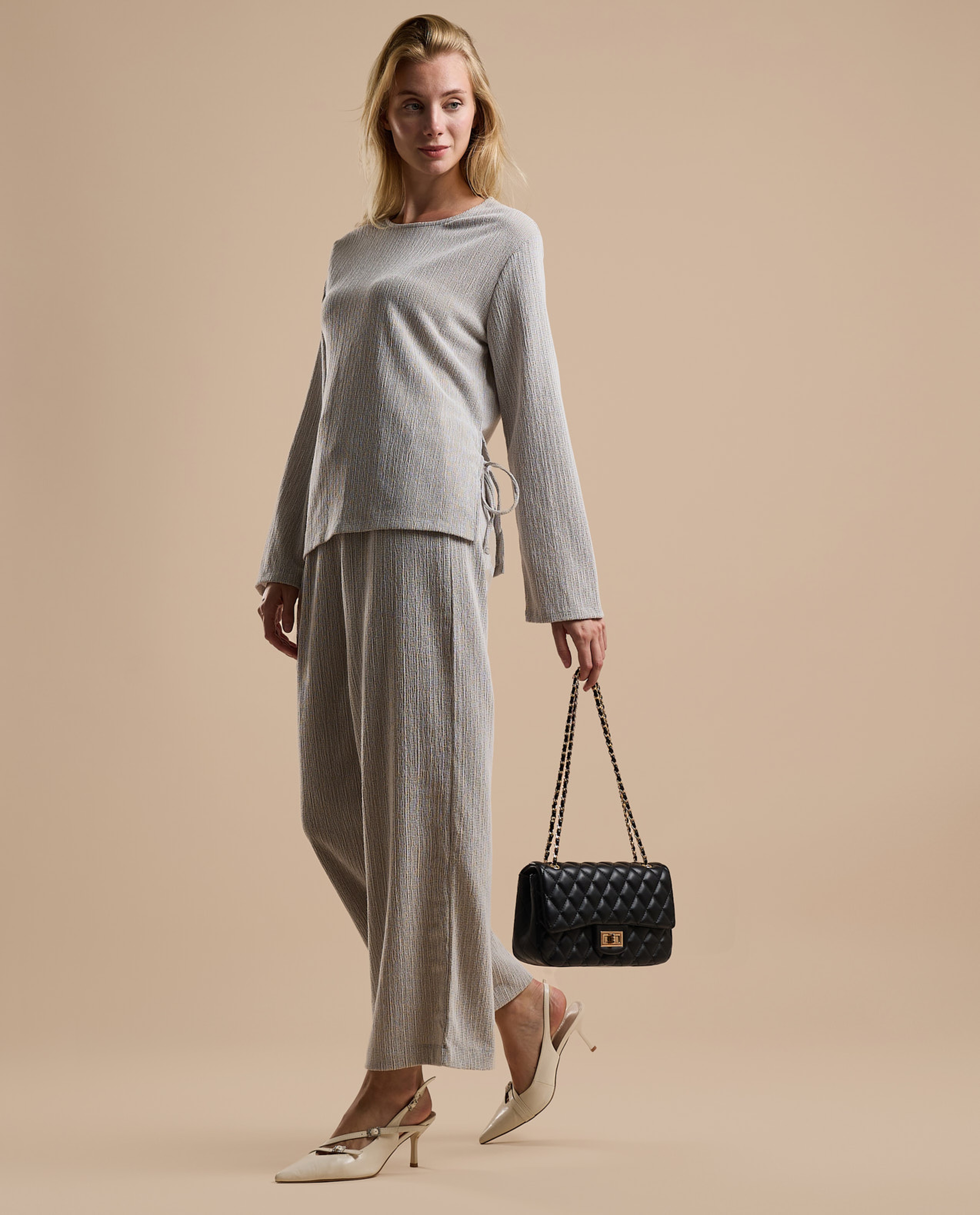 Textured Wide Leg Pants with Drawstring Waist