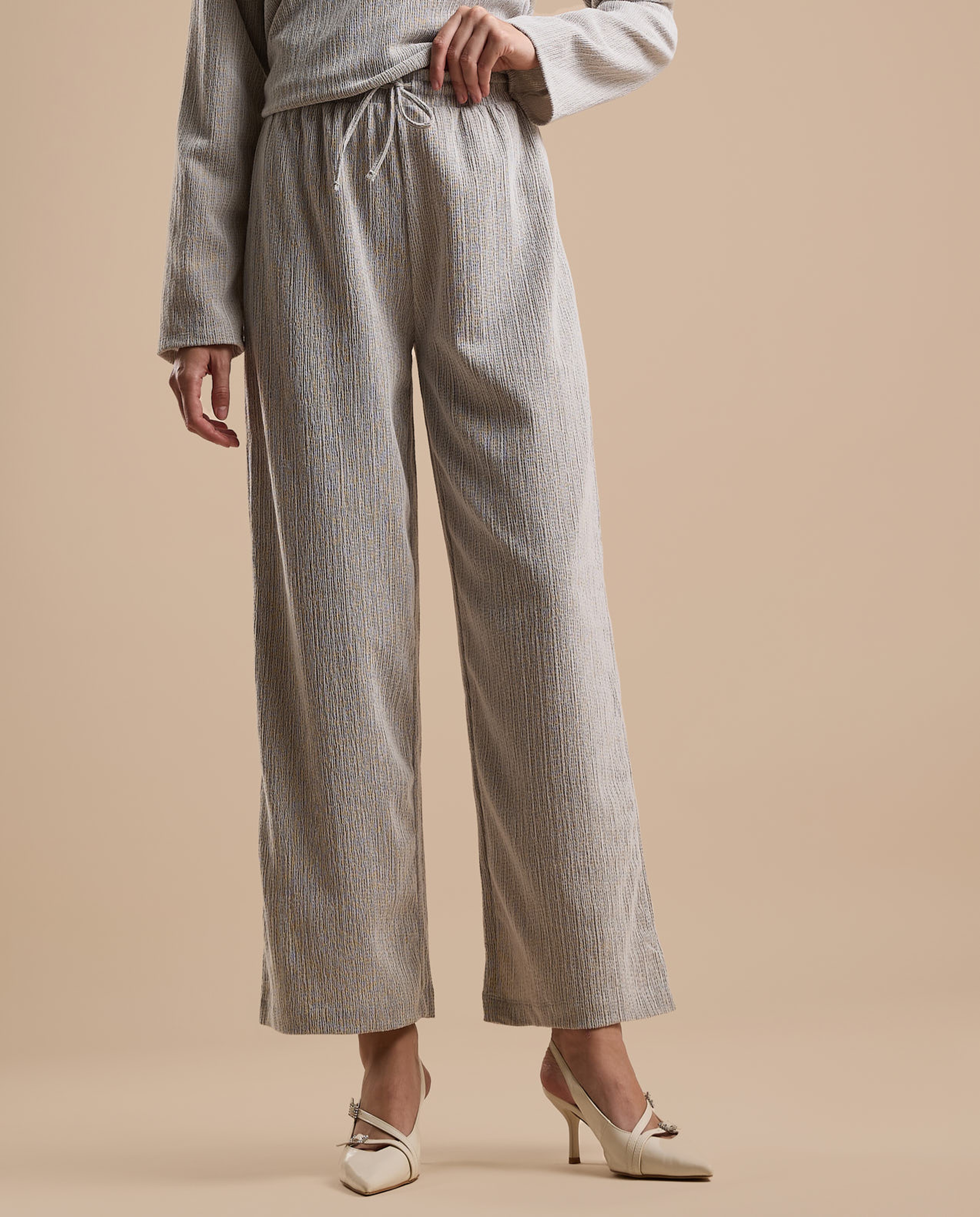 Textured Wide Leg Pants with Drawstring Waist