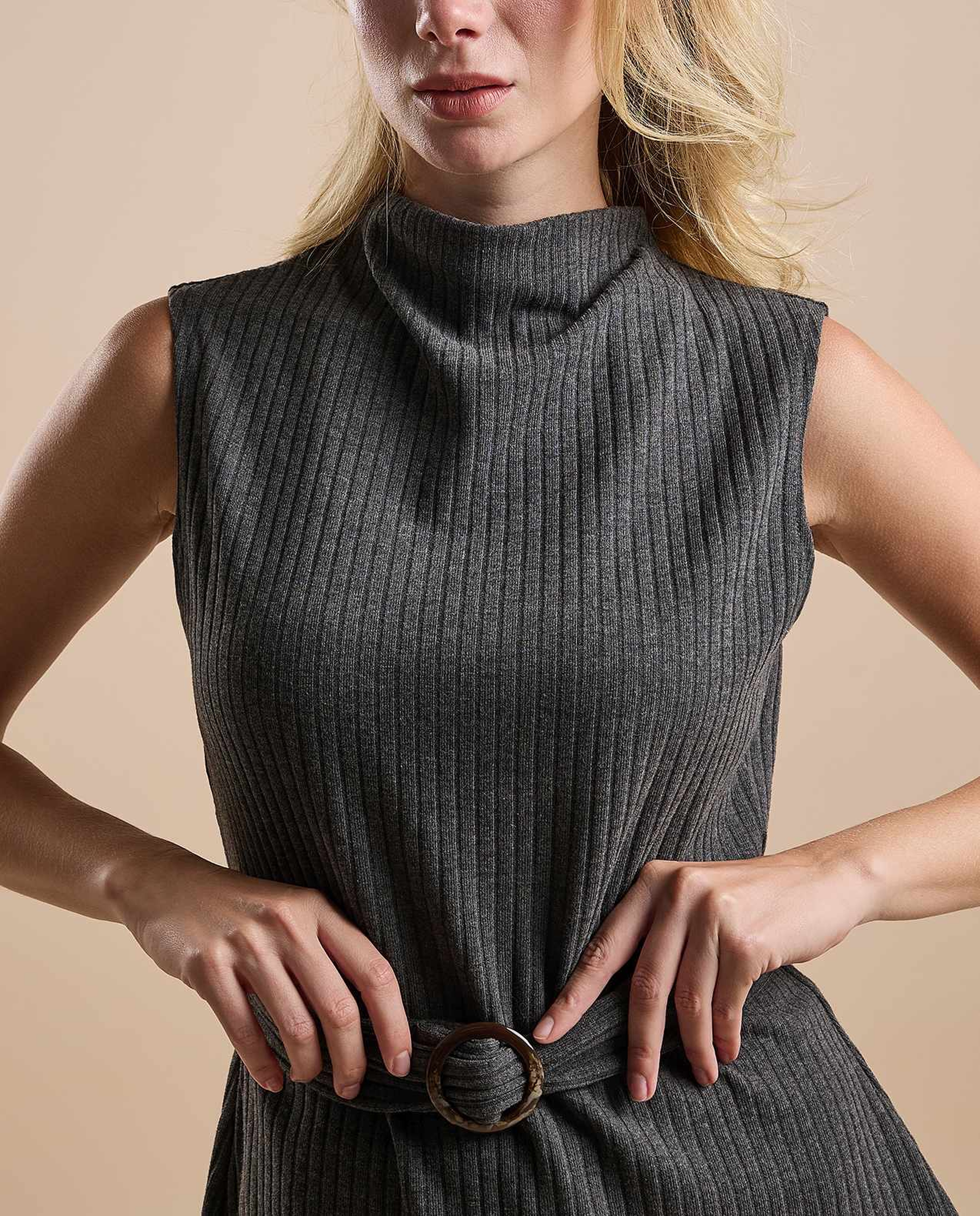 Ribbed Belted Sleeveless Top with High Neck