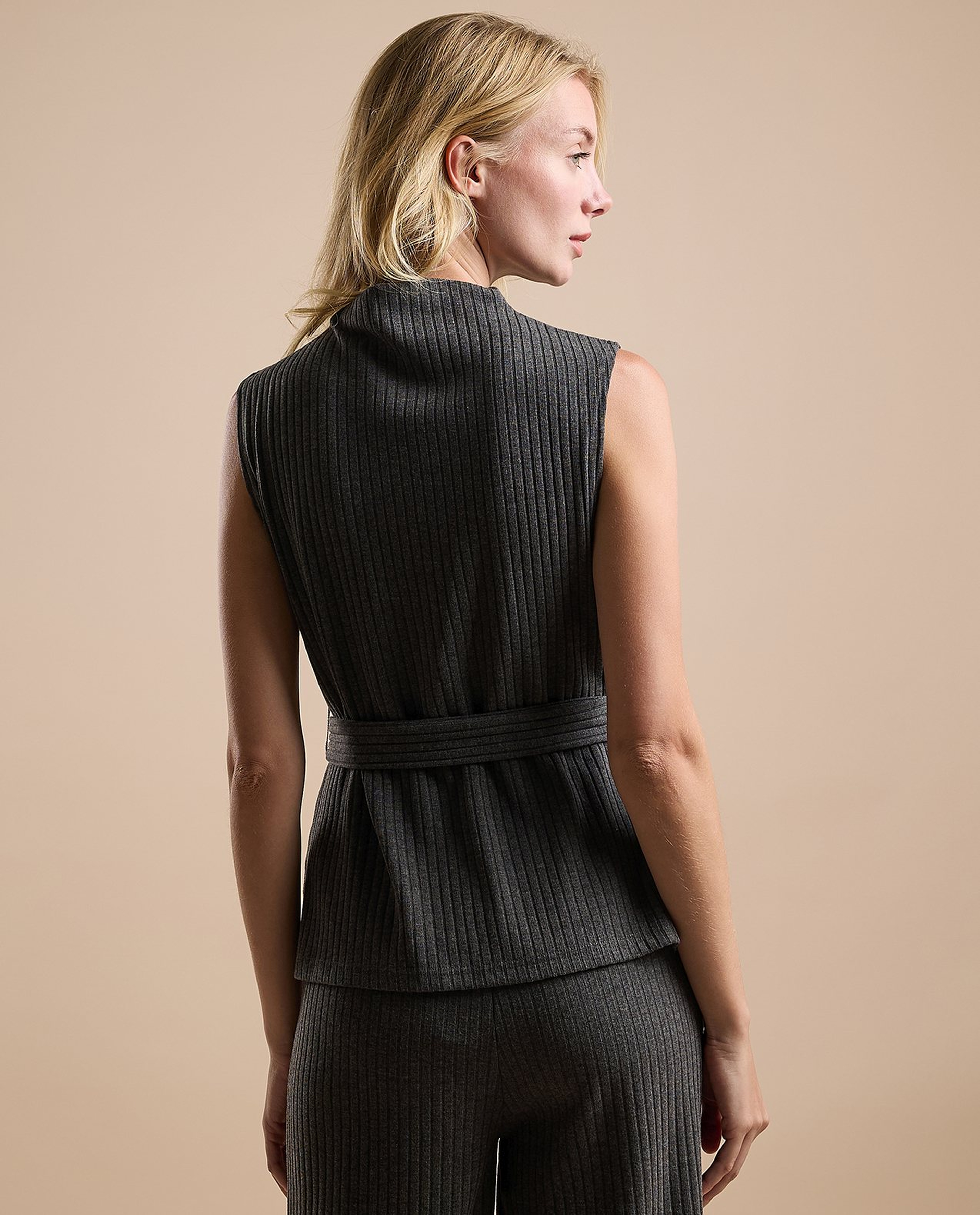 Ribbed Belted Sleeveless Top with High Neck