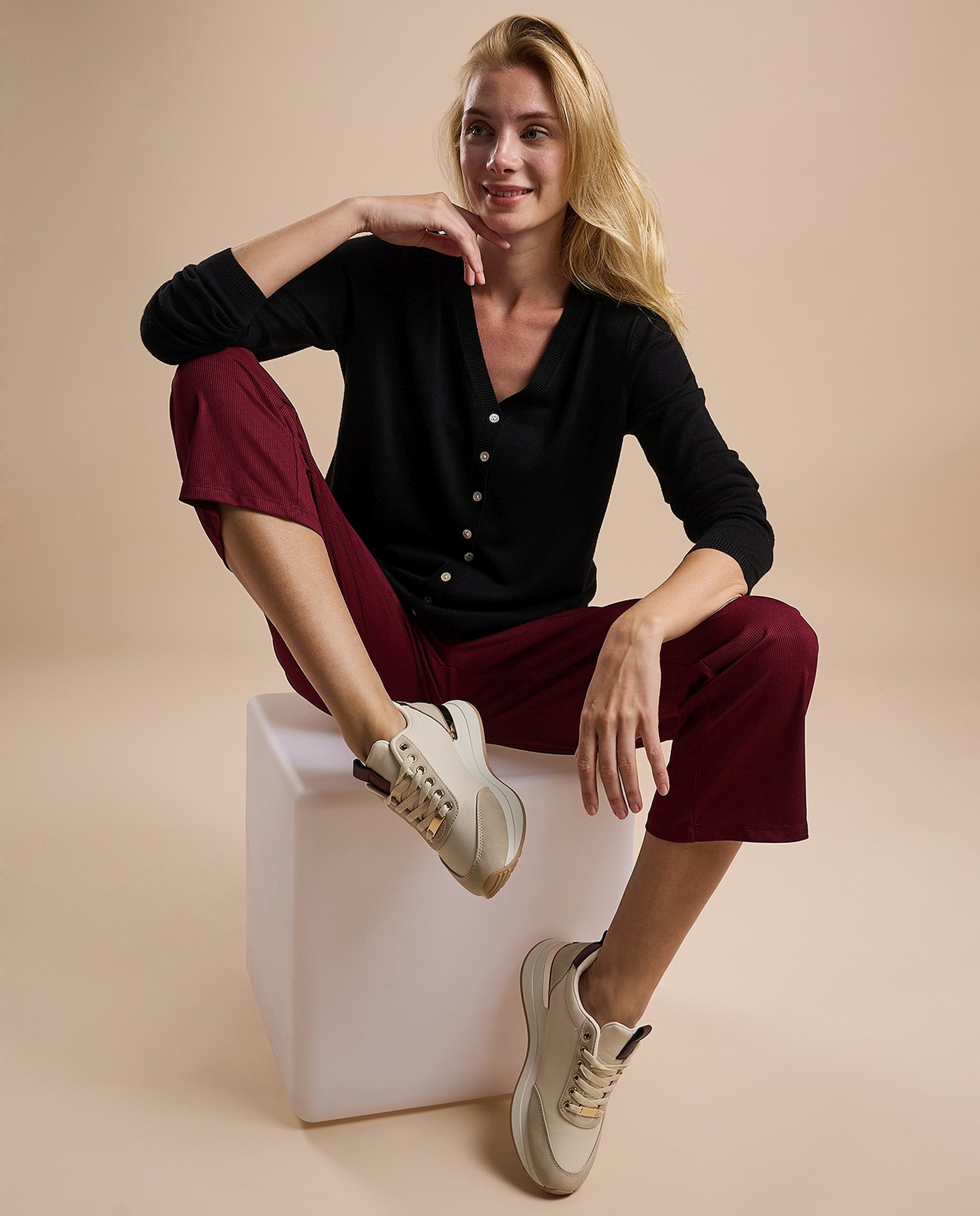 Solid V-Neck Cardigan with Button Closure