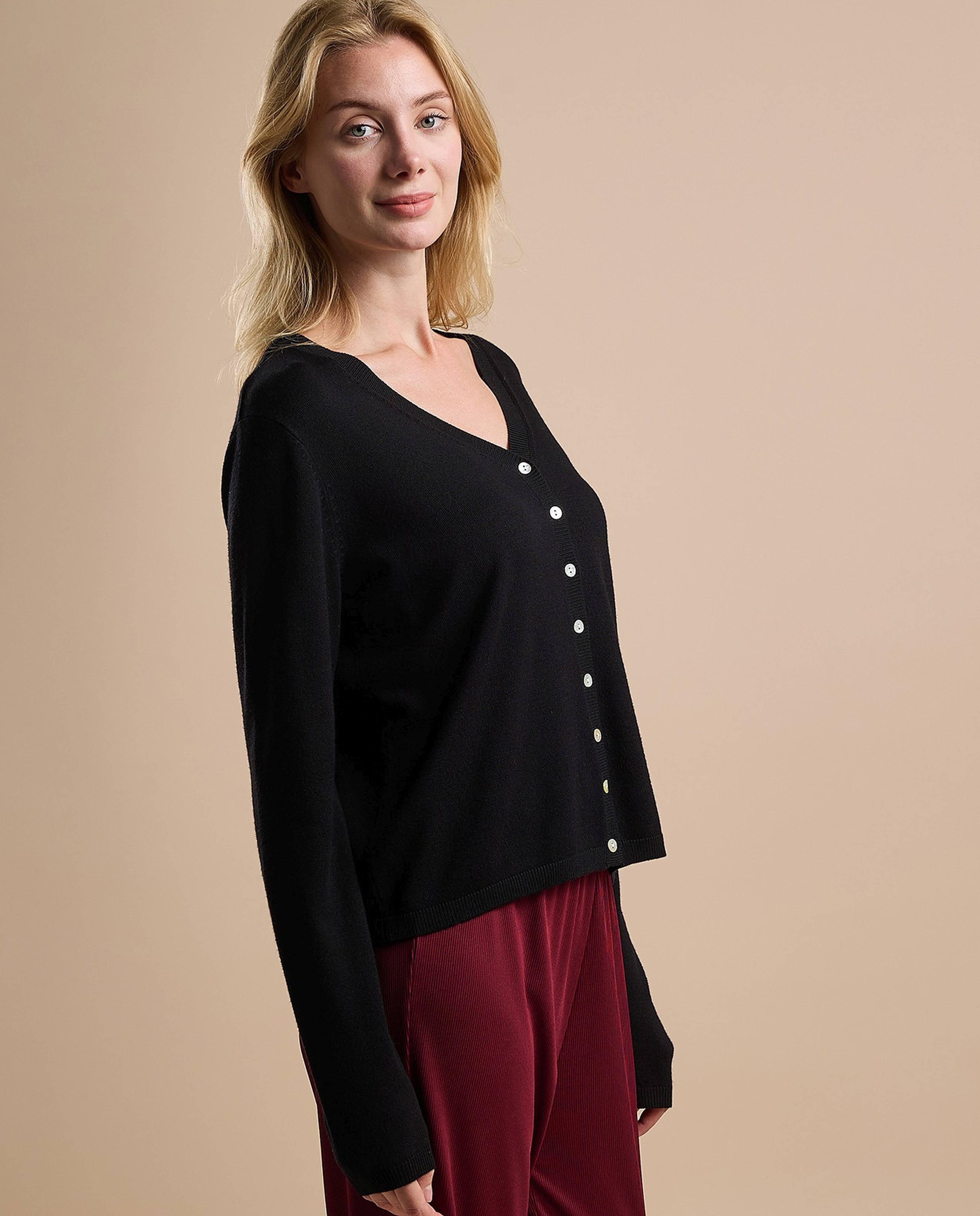 Solid V-Neck Cardigan with Button Closure