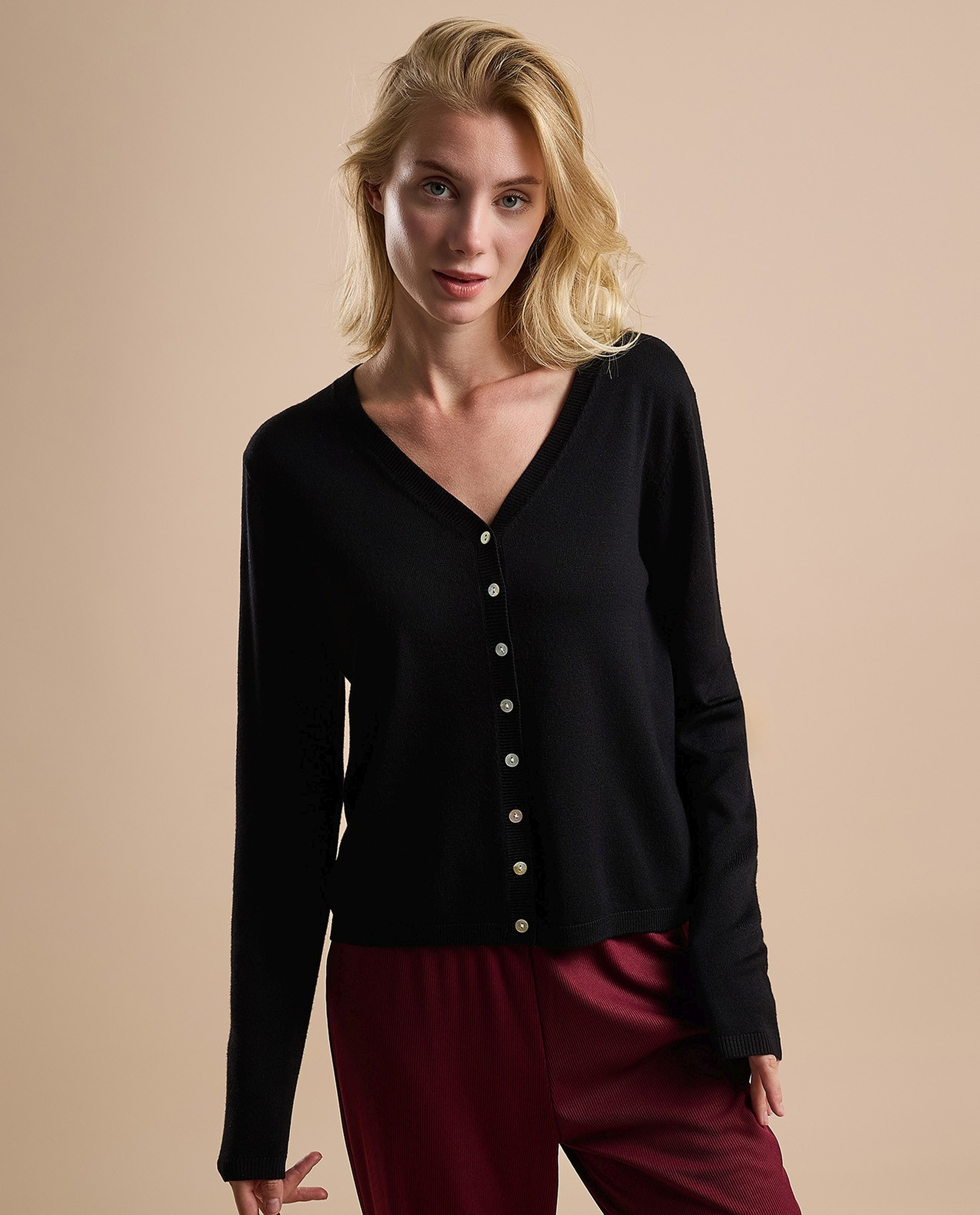 Solid V-Neck Cardigan with Button Closure