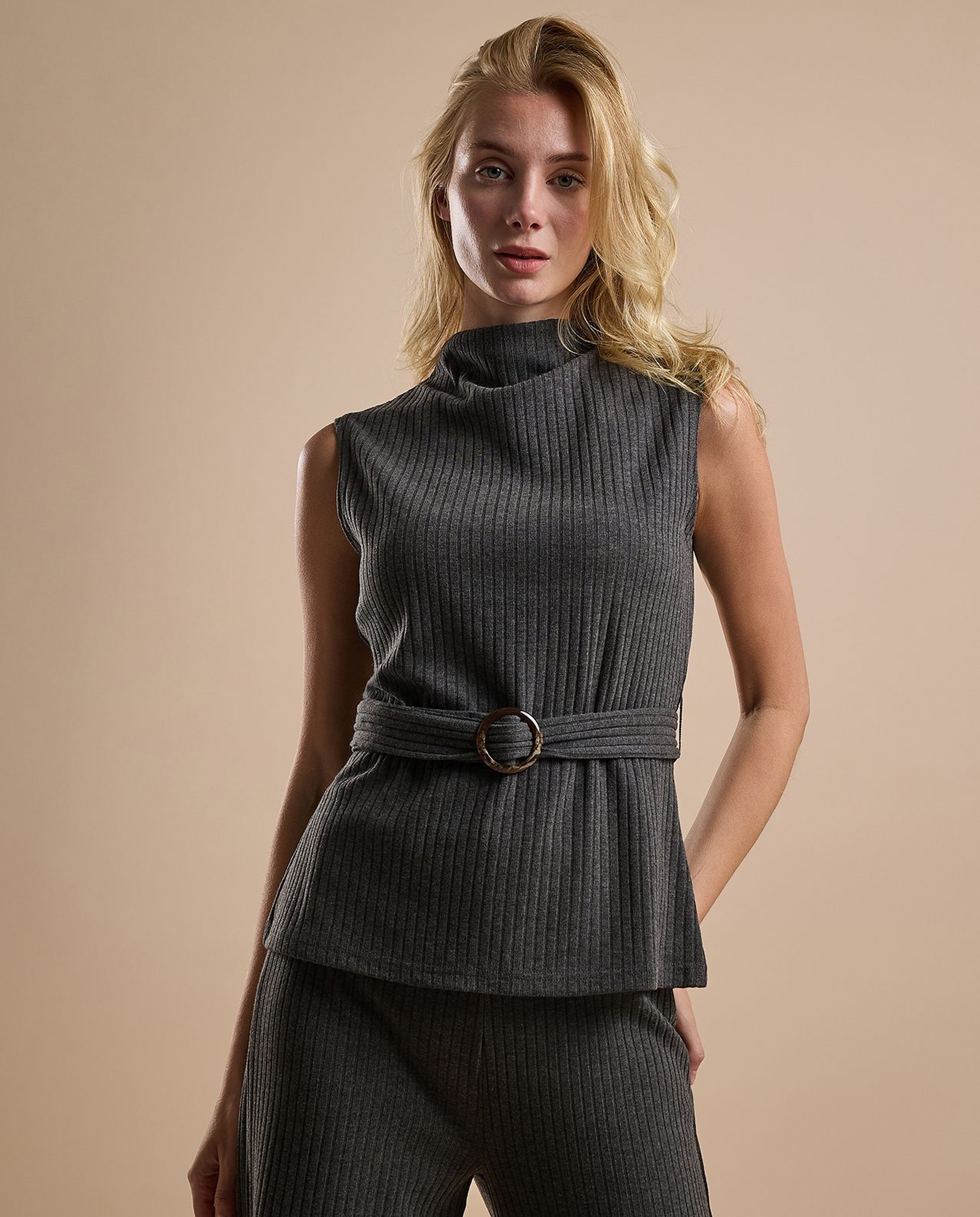 Ribbed Belted Sleeveless Top with High Neck